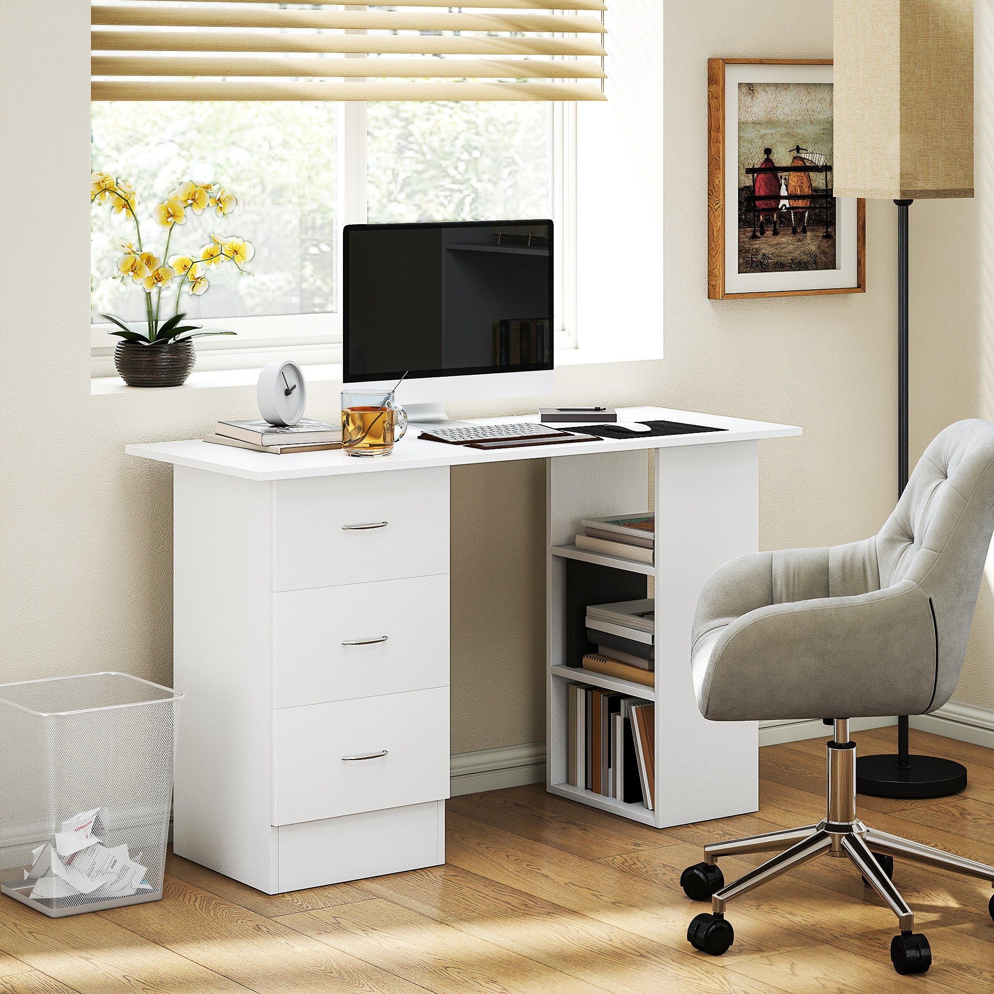 HOMCOM 120cm Computer Desk PC Table Workstation W/ 3 Shelf & Drawers White - Image 2