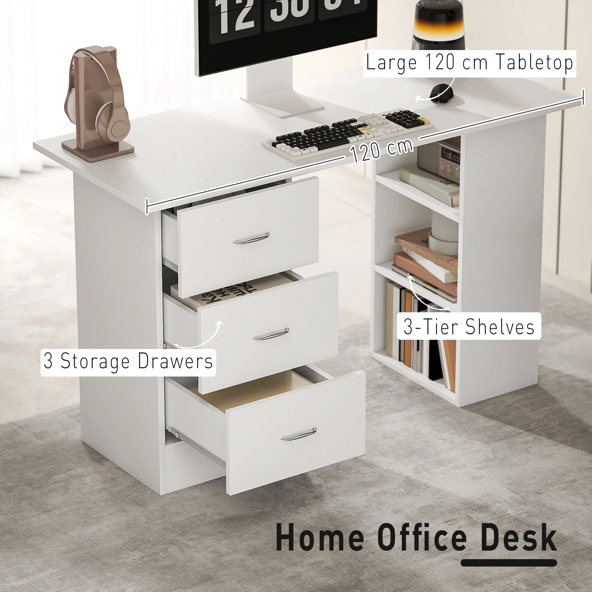 HOMCOM 120cm Computer Desk PC Table Workstation W/ 3 Shelf & Drawers White - Image 3
