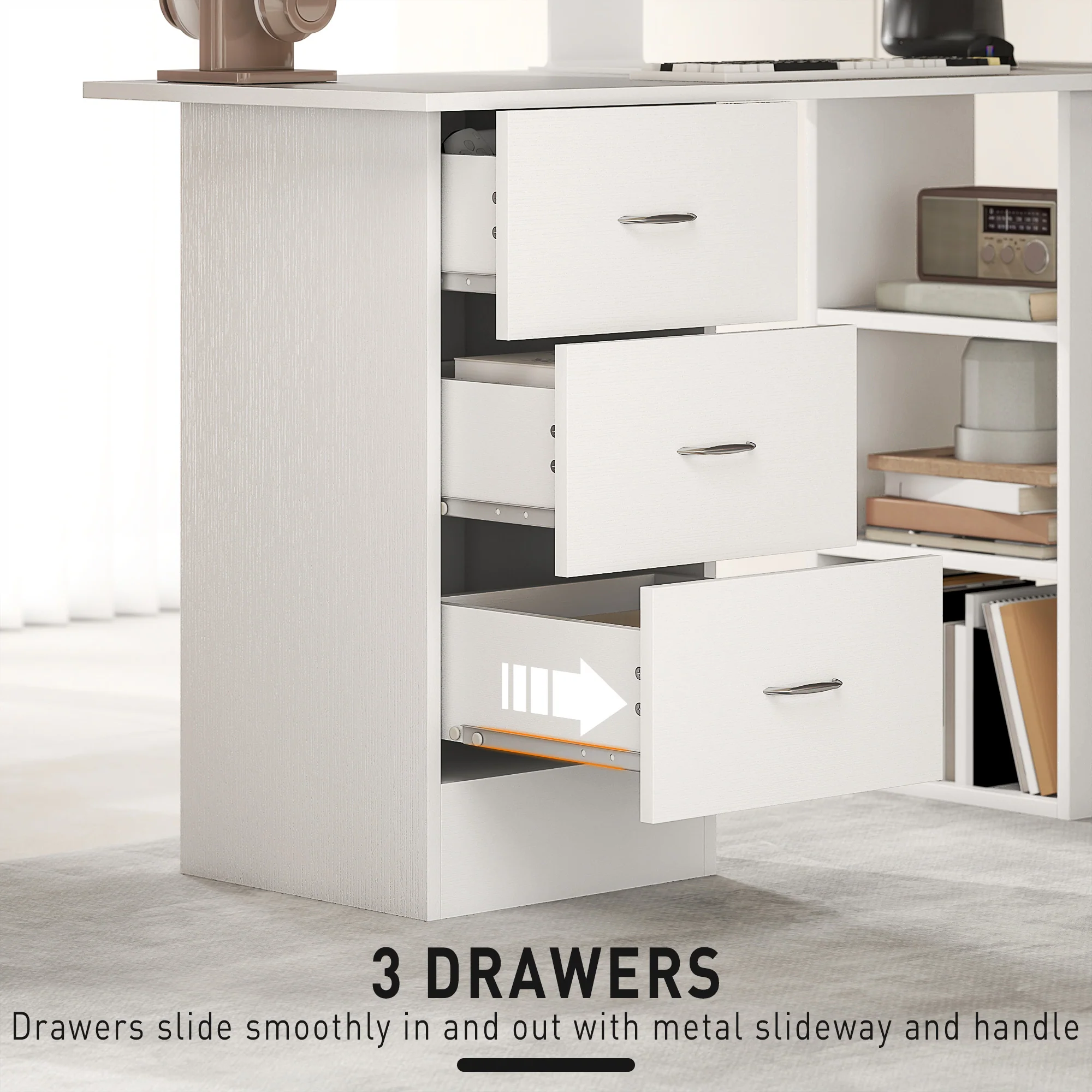 HOMCOM 120cm Computer Desk PC Table Workstation W/ 3 Shelf & Drawers White - Image 4