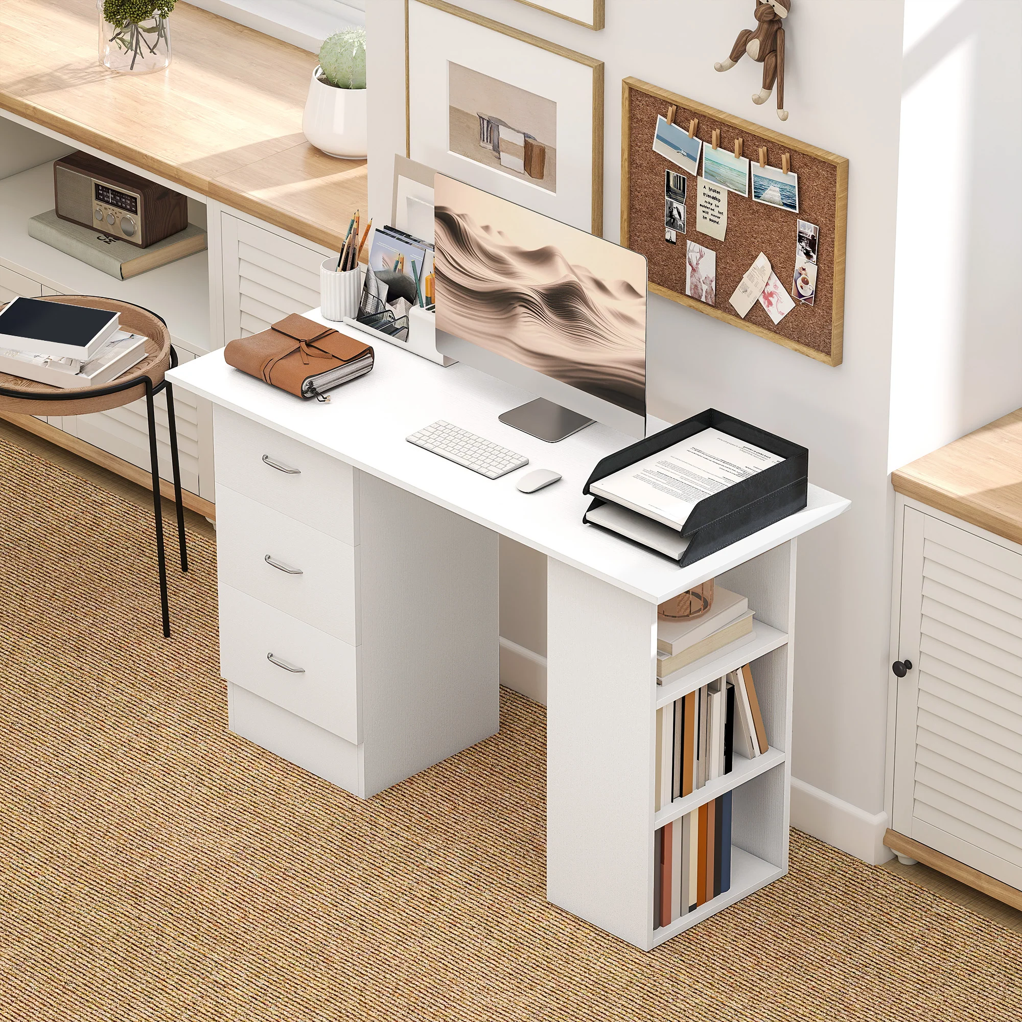 HOMCOM 120cm Computer Desk PC Table Workstation W/ 3 Shelf & Drawers White - Image 7