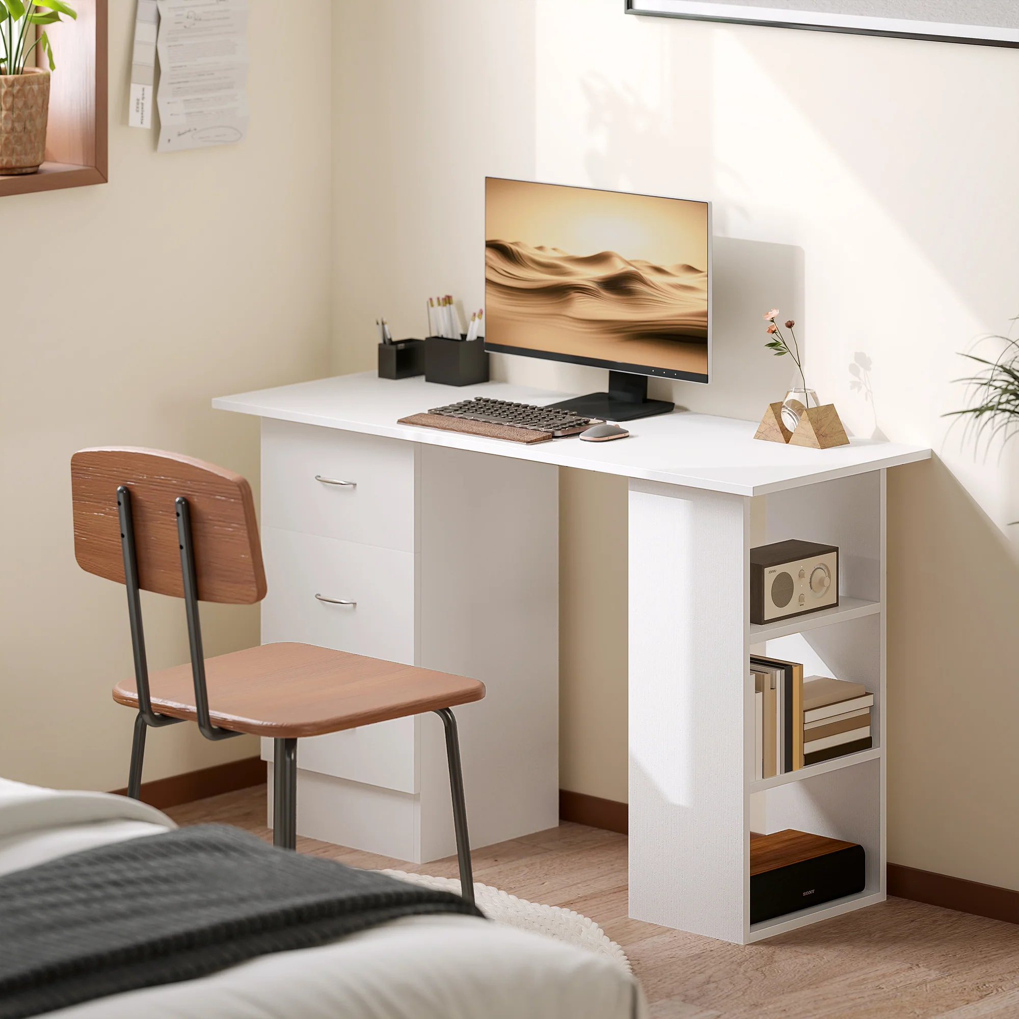 HOMCOM 120cm Computer Desk PC Table Workstation W/ 3 Shelf & Drawers White - Image 9
