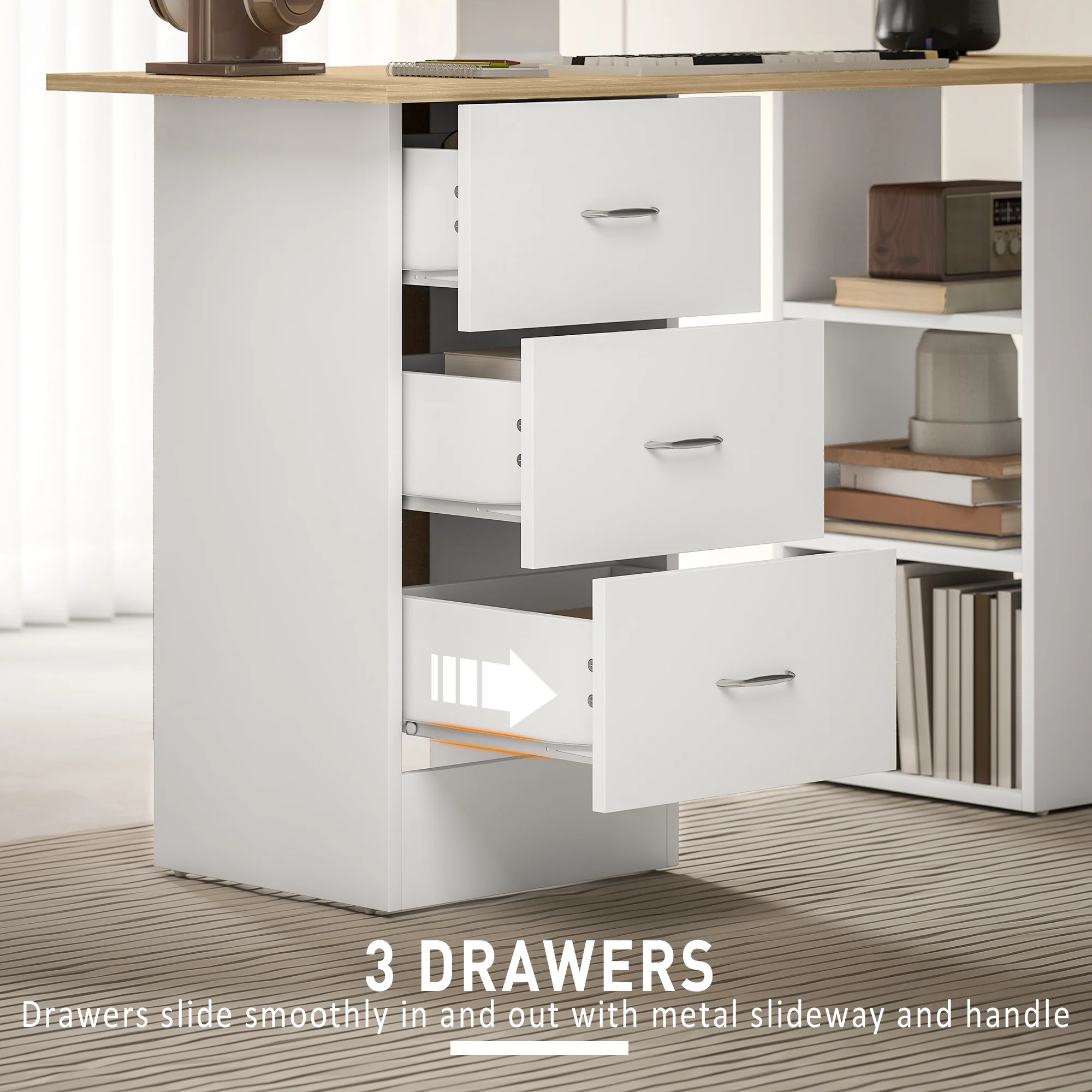 HOMCOM 120cm Computer Desk, Study Table With 3 Shelf & Drawers - Image 13