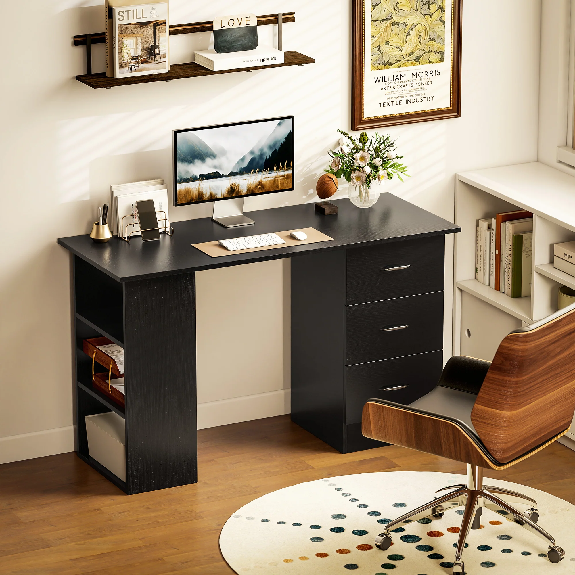 HOMCOM 120cm PC Table Workstation Computer Desk with Drawers & 3 Shelf Black - Image 2