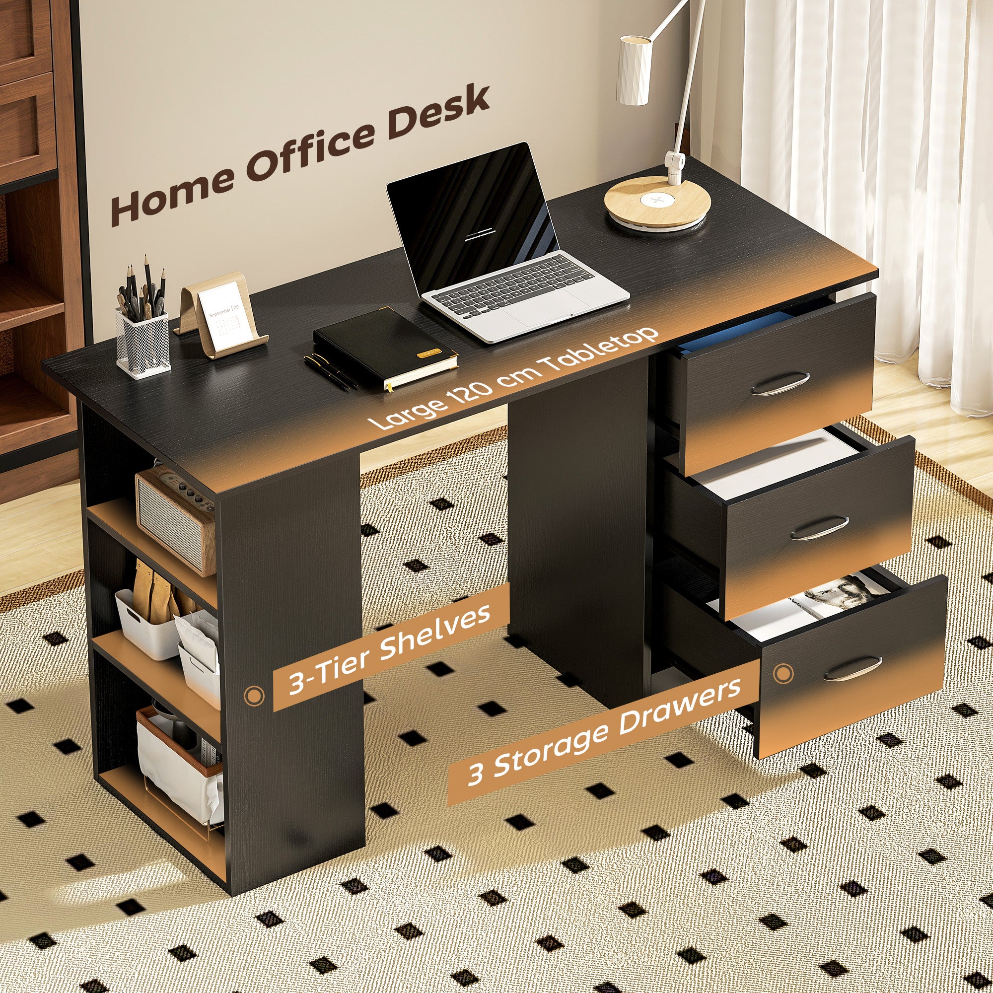 HOMCOM 120cm PC Table Workstation Computer Desk with Drawers & 3 Shelf Black - Image 3