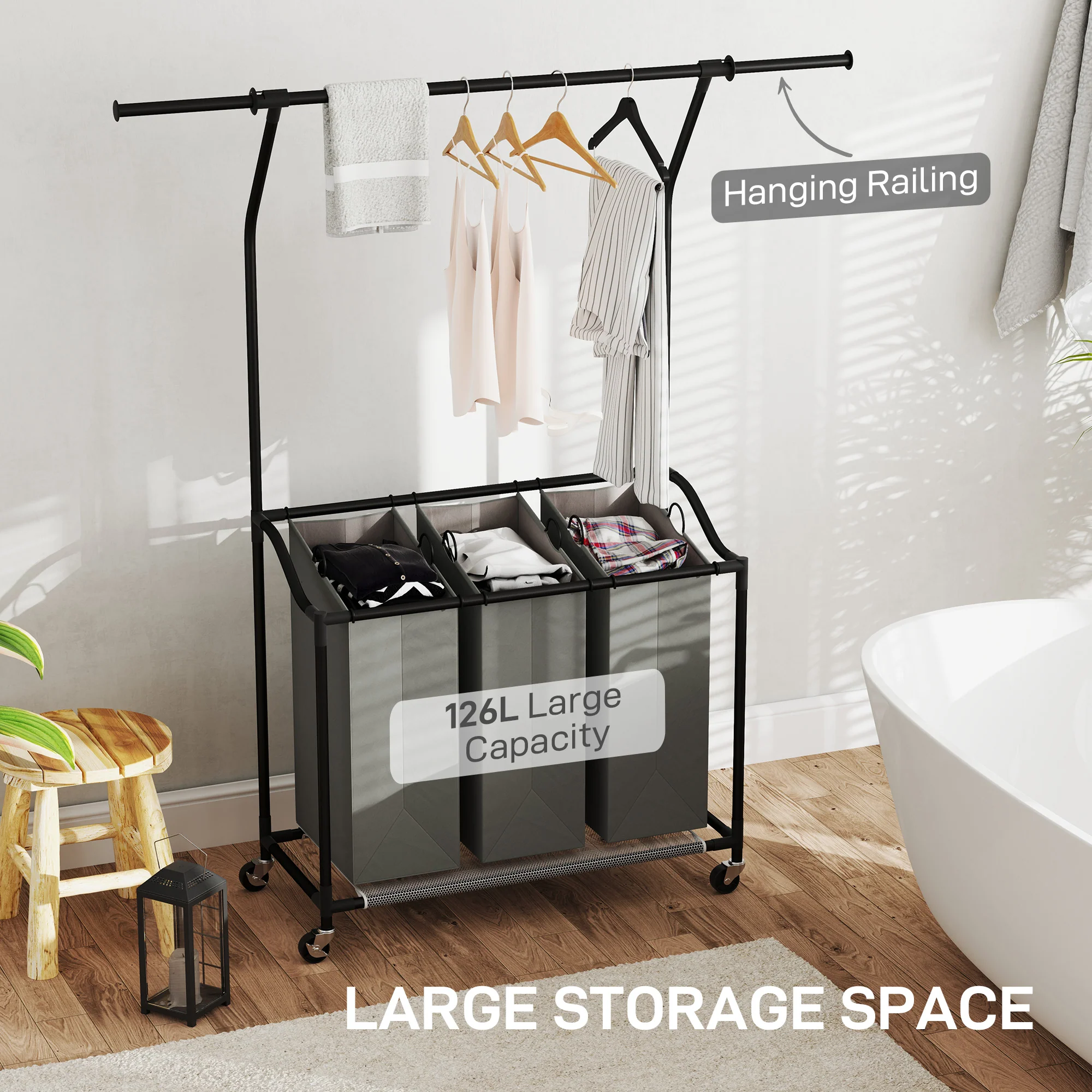 HOMCOM 126L Laundry Sorter, Laundry Basket with 3-Bag Organiser, Dark Grey - Image 3