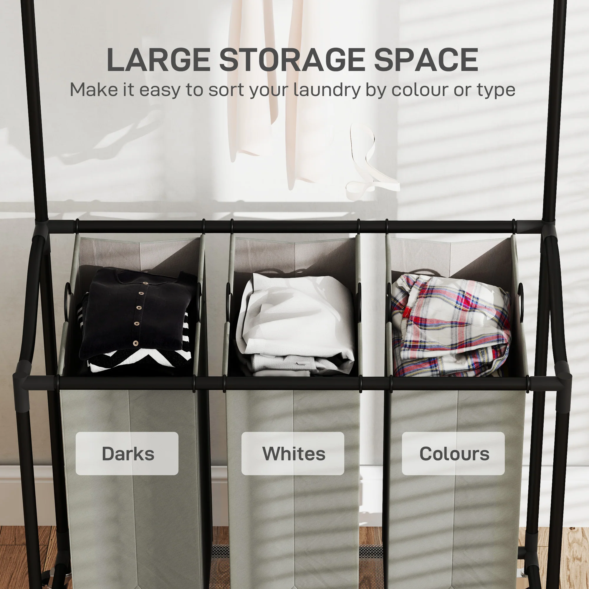 HOMCOM 126L Laundry Sorter, Laundry Basket with 3-Bag Organiser, Dark Grey - Image 4