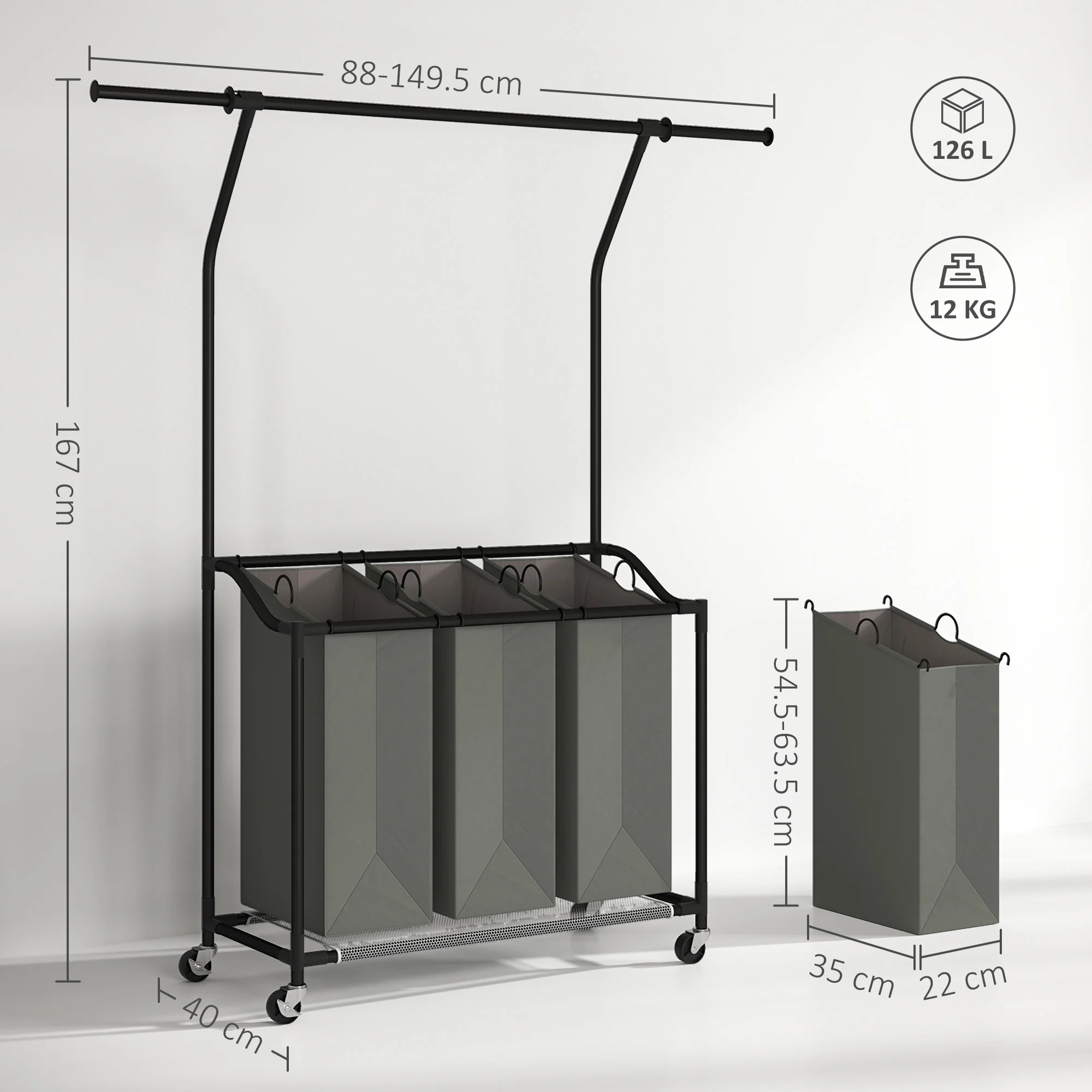 HOMCOM 126L Laundry Sorter, Laundry Basket with 3-Bag Organiser, Dark Grey - Image 5