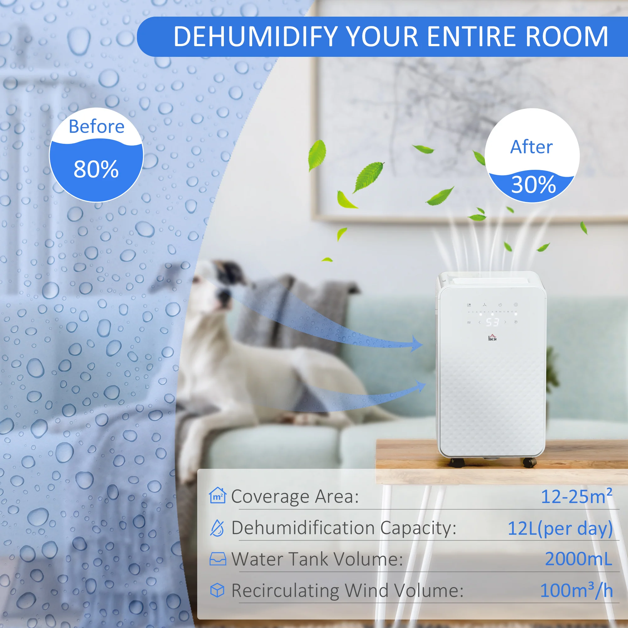 HOMCOM 12L/Day Protable Quiet Air Dehumidifier With Purifier, Timer, 5 Modes - Image 3