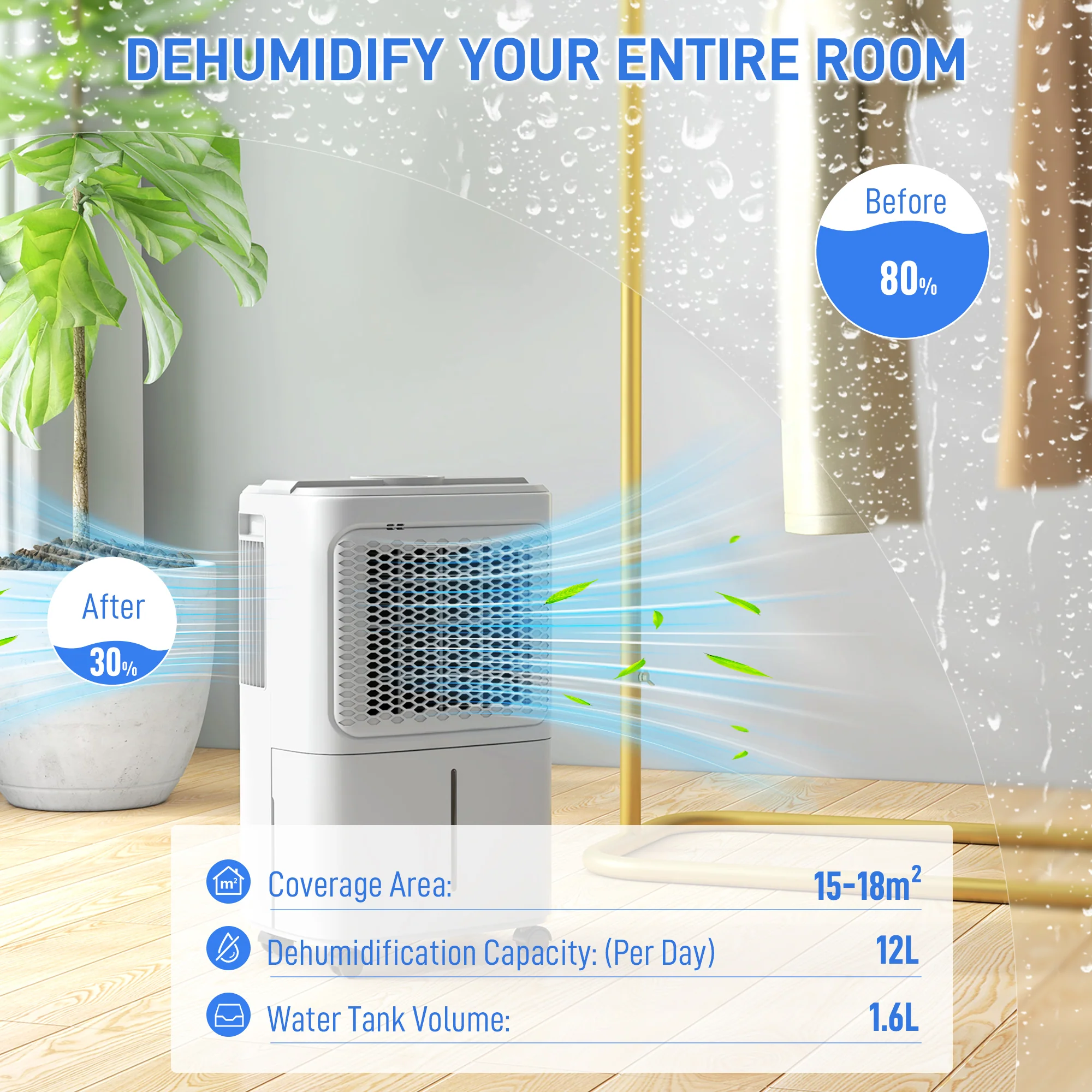 HOMCOM 12L/Day Small Dehumidifier for Home Damp, with Humidity Light - Image 3