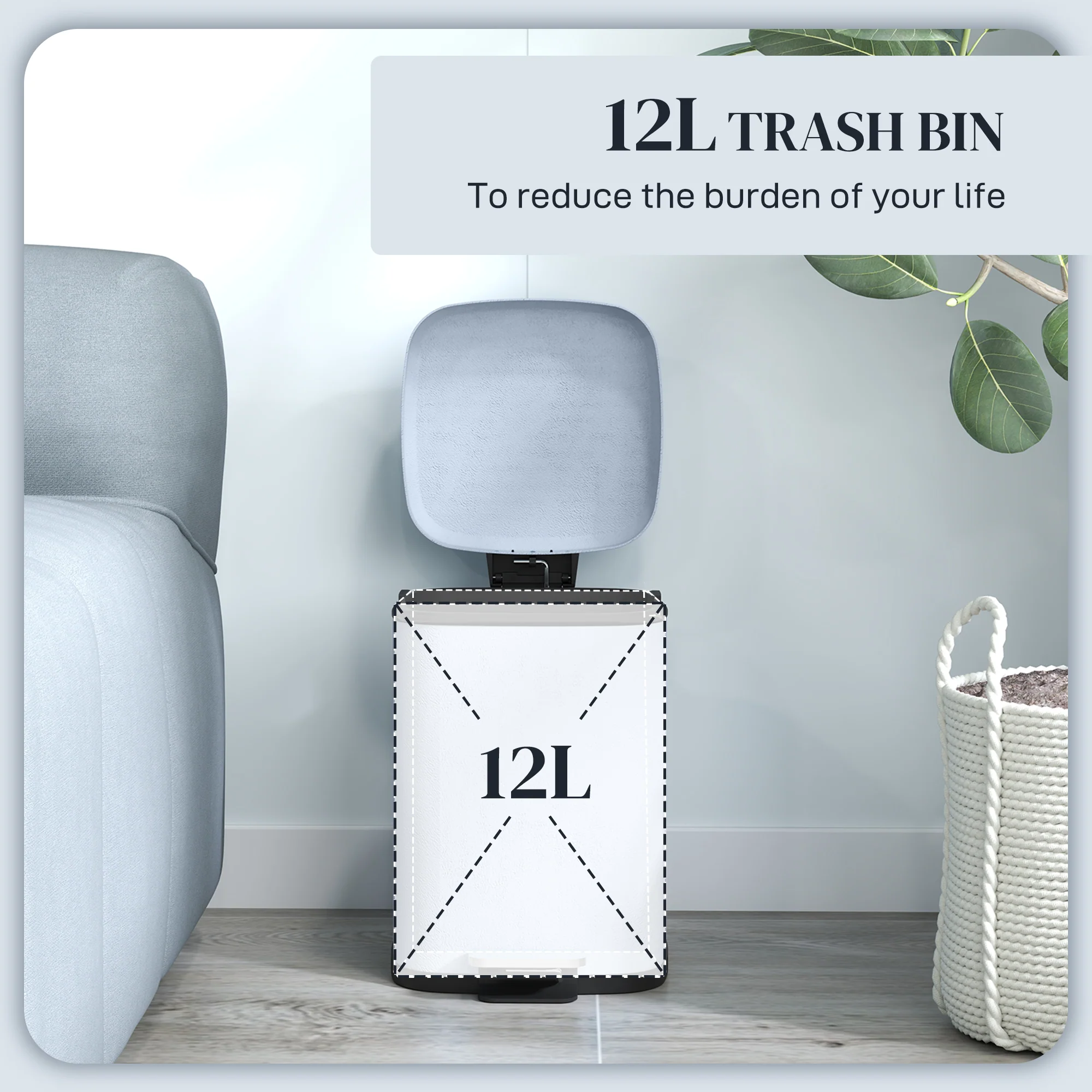 HOMCOM 12L Kitchen Pedal Bin, Metal Rubbish Bin with Soft-close Lid - Image 12