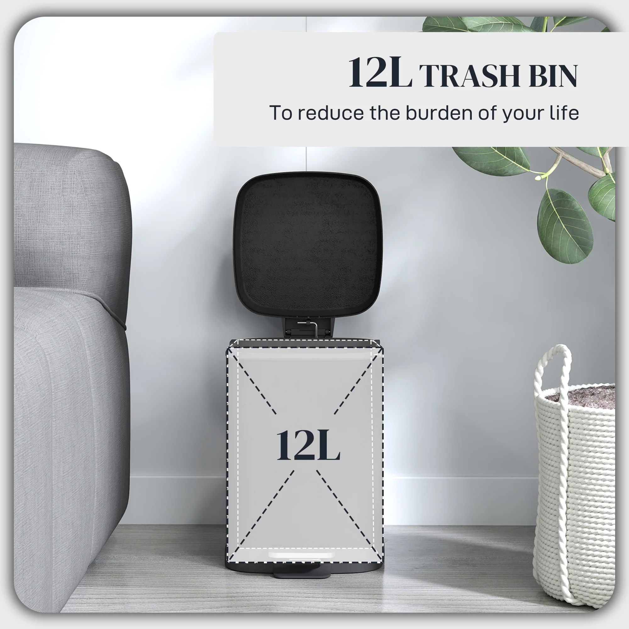 HOMCOM 12L Kitchen Pedal Bin, Metal Rubbish Bin with Soft-close Lid - Image 3