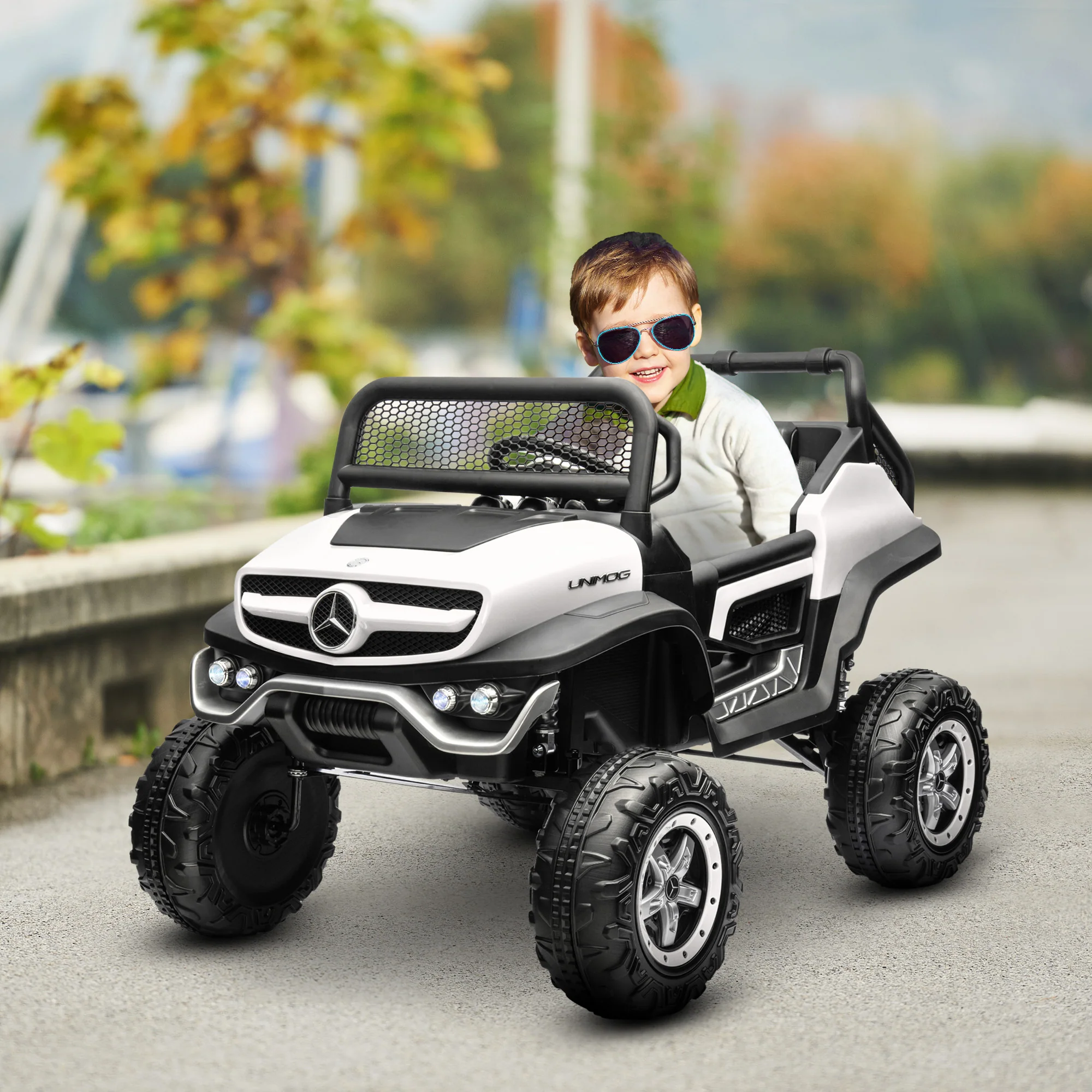 HOMCOM 12V Licensed Mercedes-Benz Unimog, Kids Electric Ride On Car - White - Image 2