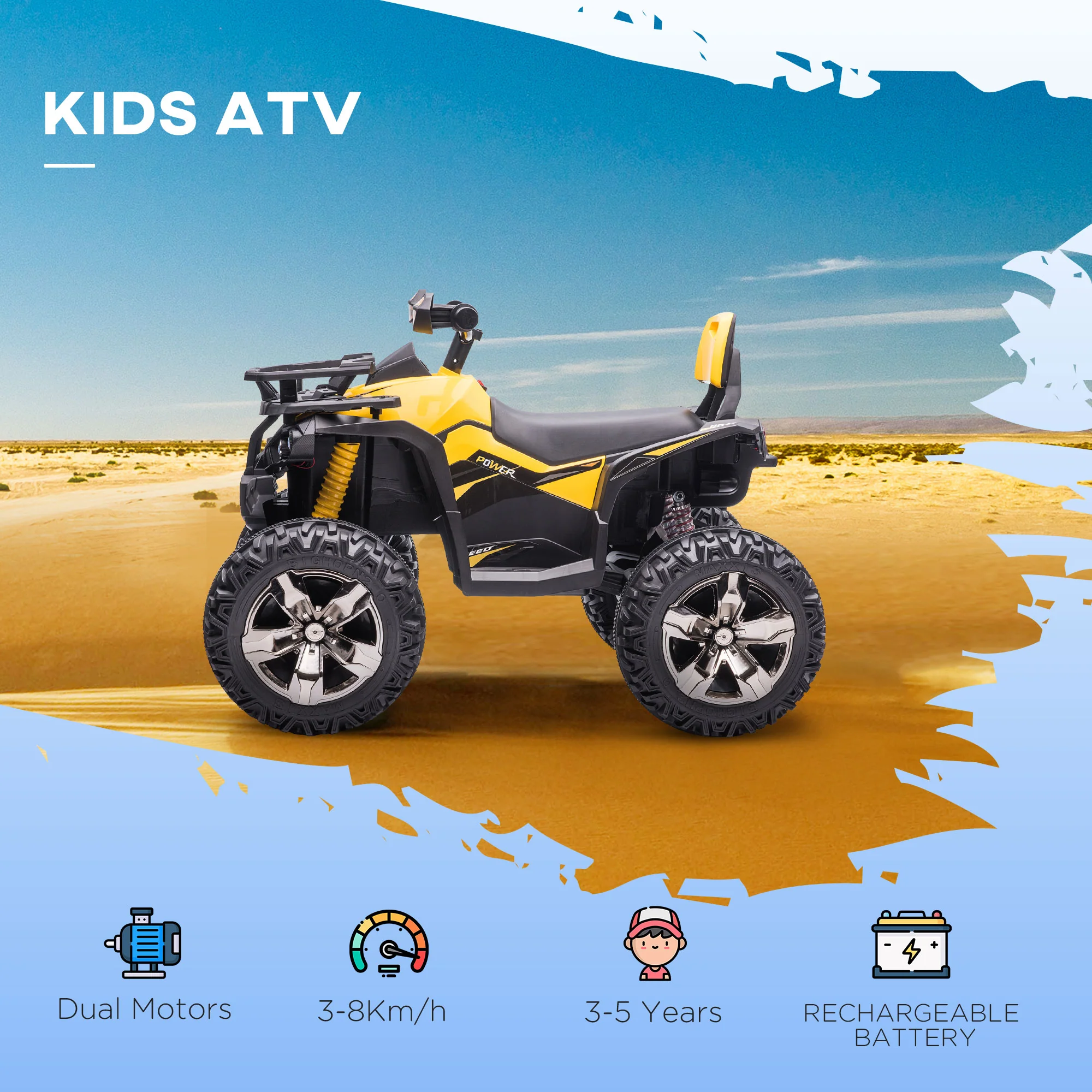 HOMCOM 12V Quad Bike ATV With LED Lights, Music, For Boys Girls, Yellow And Red - Image 3