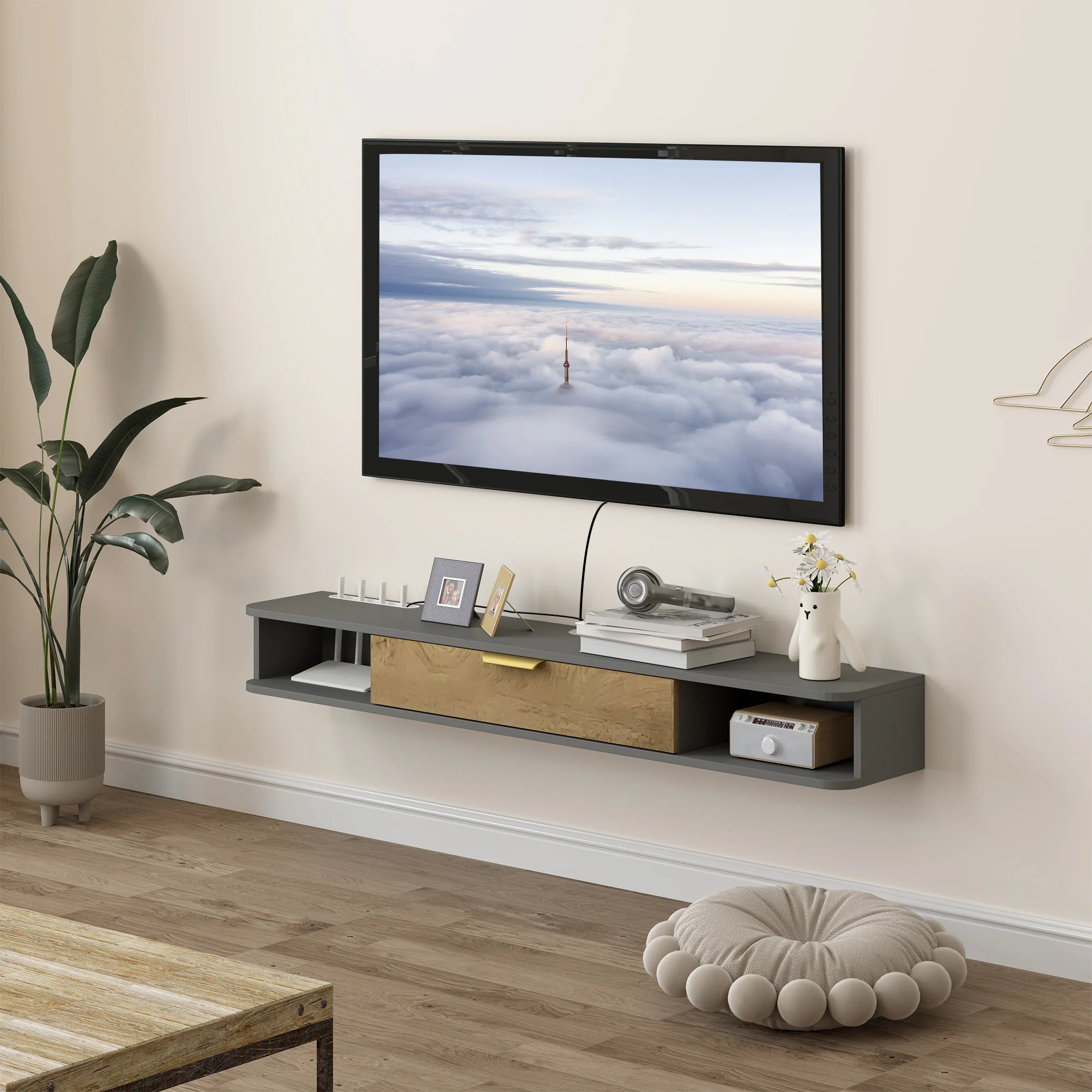 HOMCOM 140 cm Floating TV Unit with Storage Entertainment Media Console Grey - Image 2