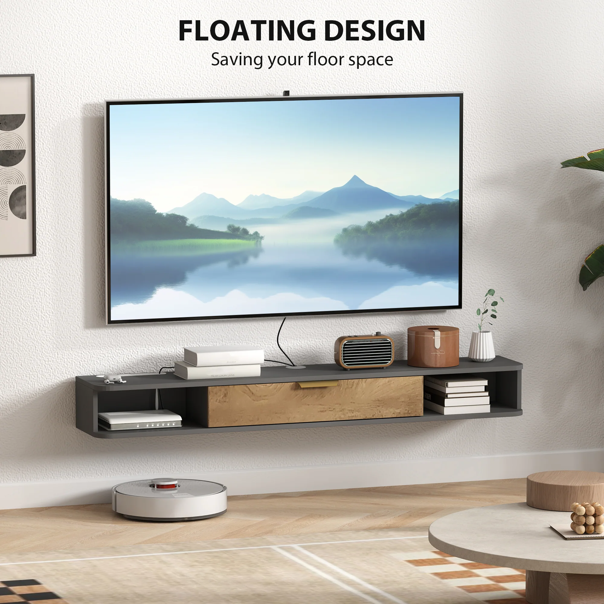 HOMCOM 140 cm Floating TV Unit with Storage Entertainment Media Console Grey - Image 3