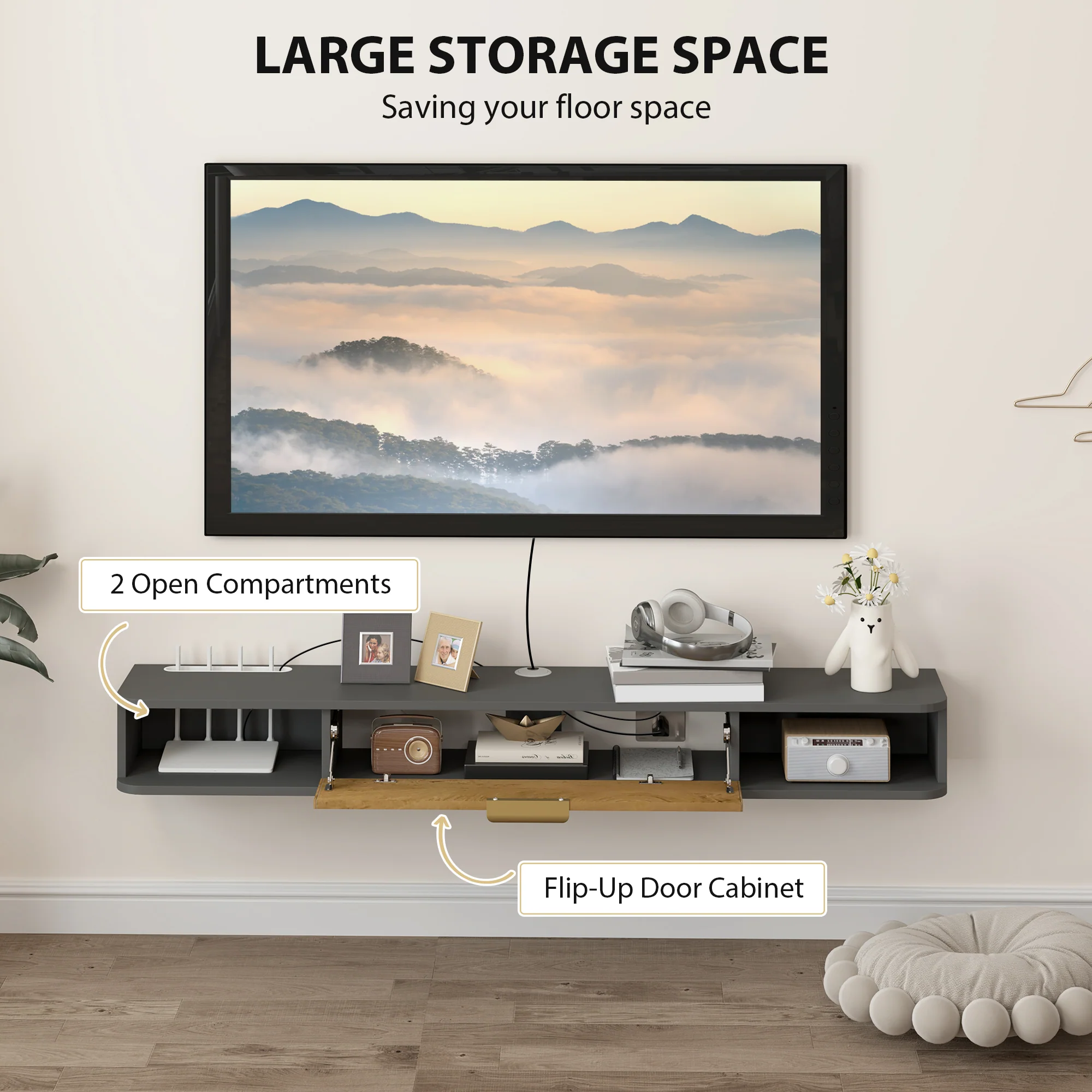 HOMCOM 140 cm Floating TV Unit with Storage Entertainment Media Console Grey - Image 4