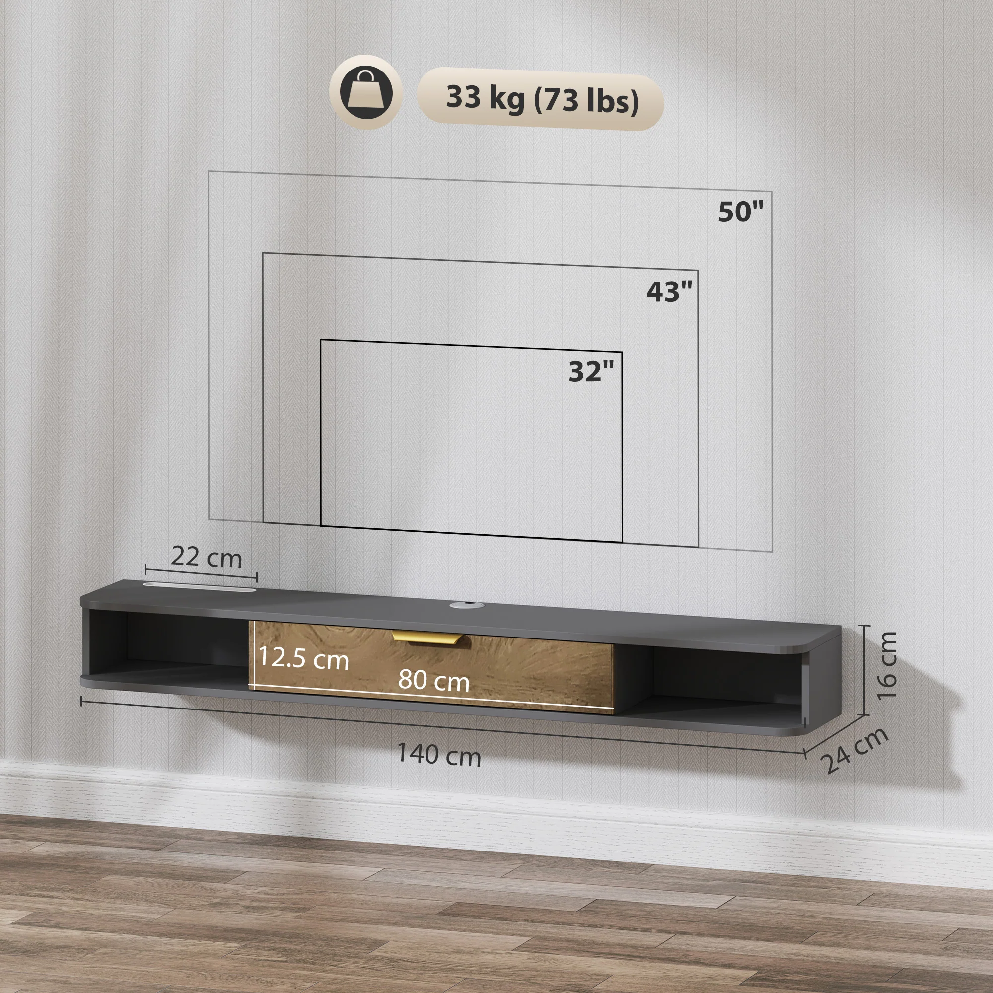 HOMCOM 140 cm Floating TV Unit with Storage Entertainment Media Console Grey - Image 5