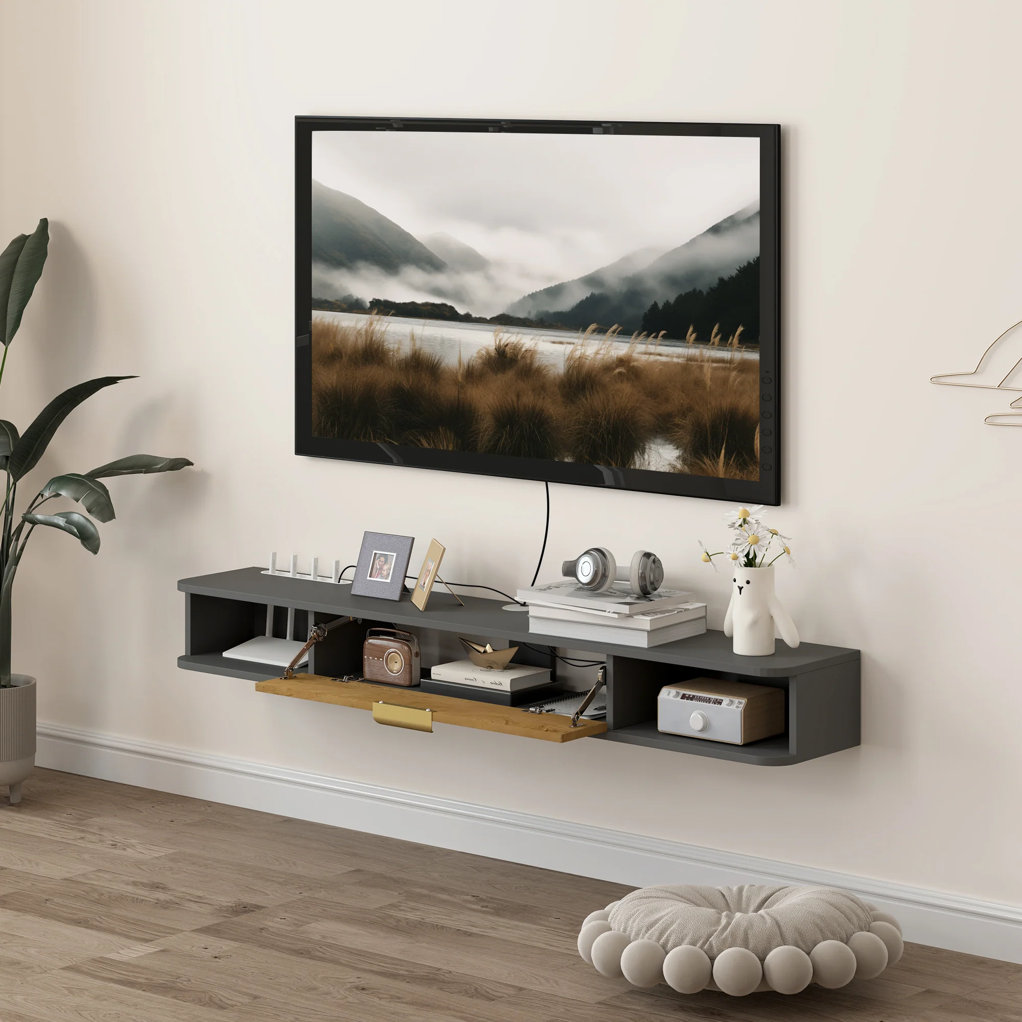 HOMCOM 140 cm Floating TV Unit with Storage Entertainment Media Console Grey - Image 7