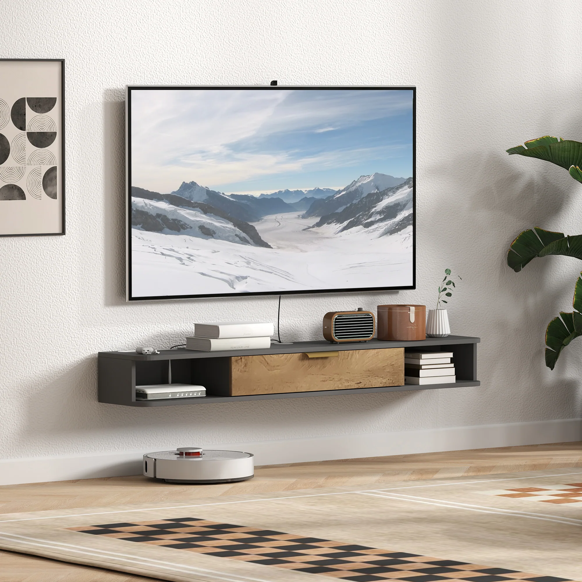 HOMCOM 140 cm Floating TV Unit with Storage Entertainment Media Console Grey - Image 8
