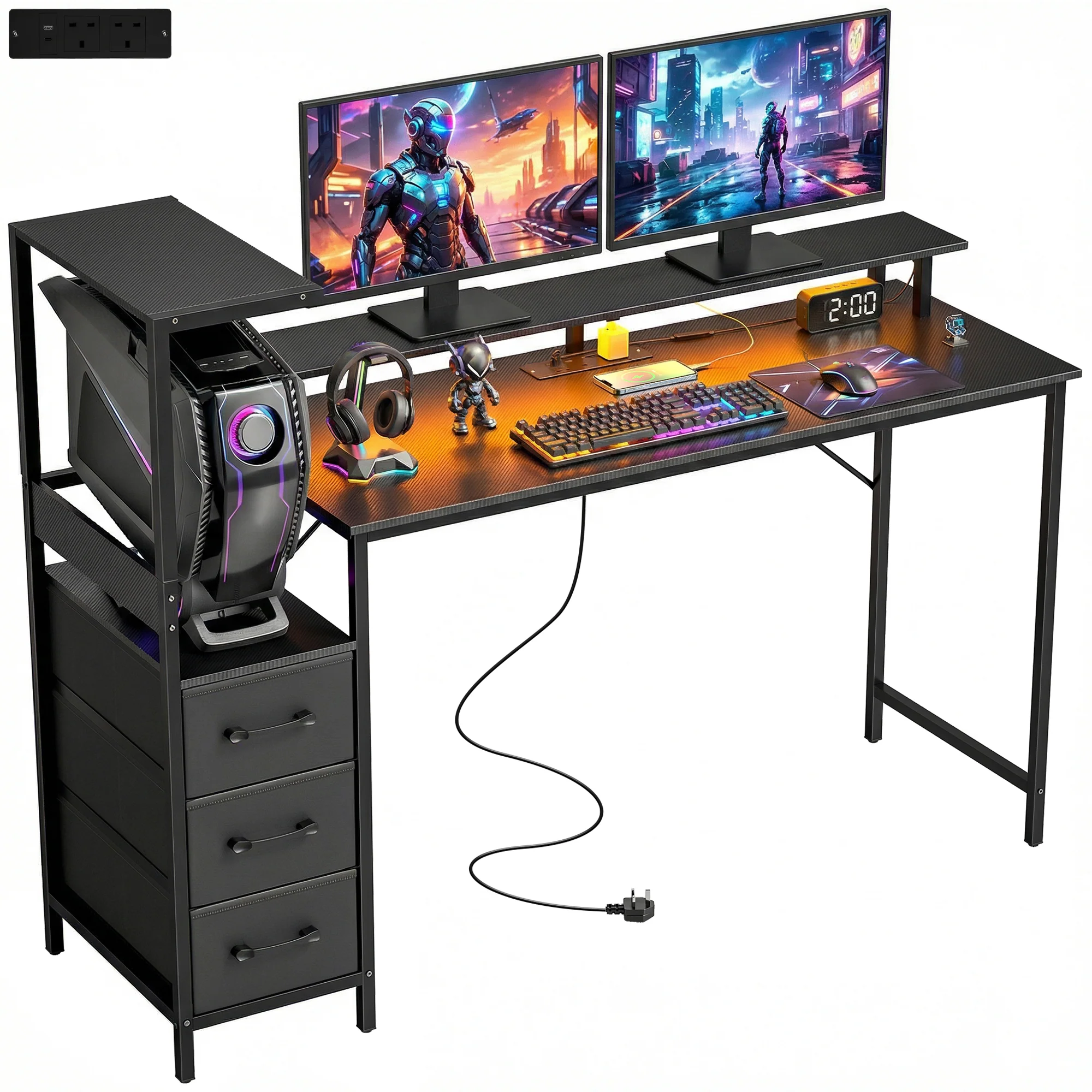 HOMCOM 147cm Gaming Desk With Charging Station And RGB Lights, Black