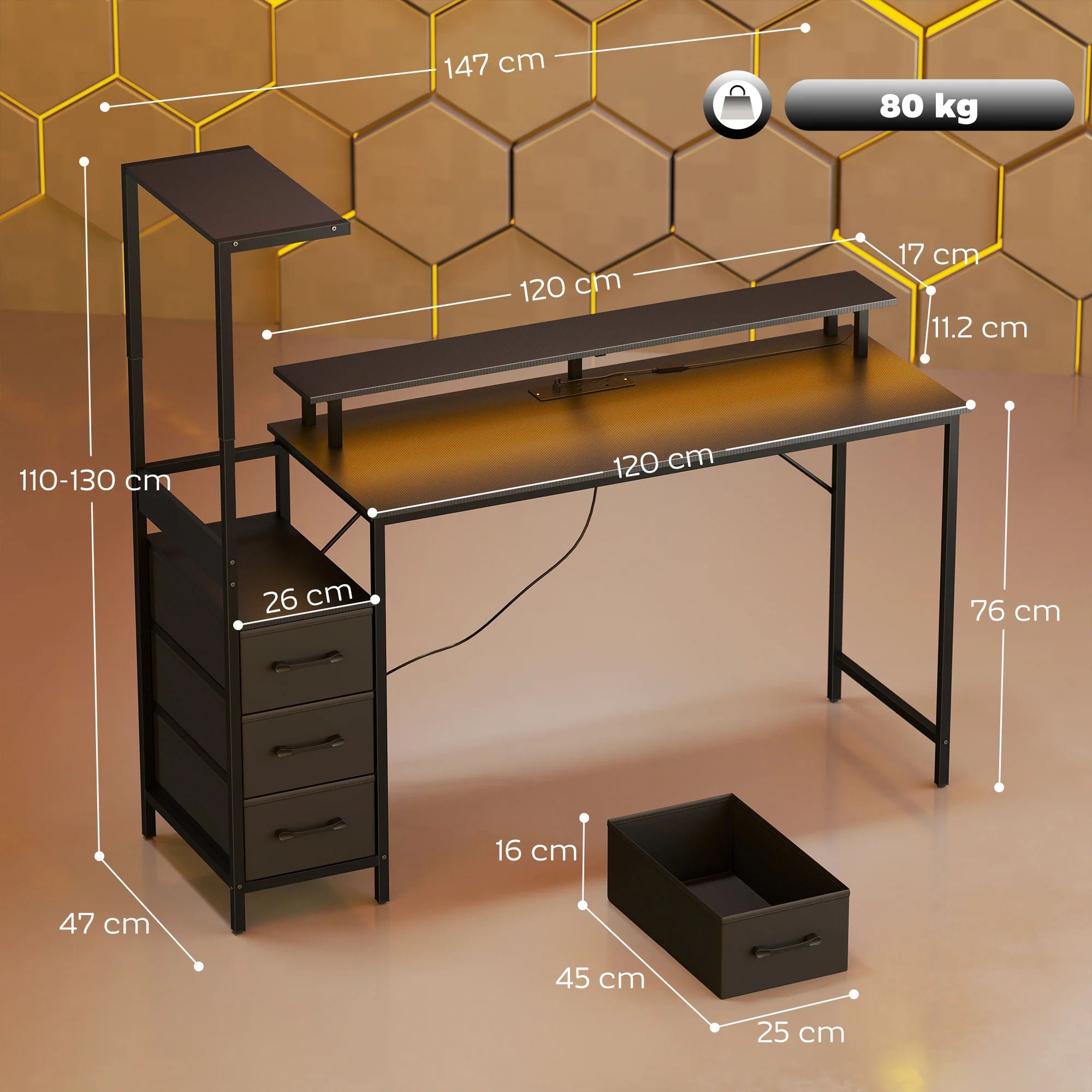 HOMCOM 147cm Gaming Desk With Charging Station And RGB Lights, Black - Image 3