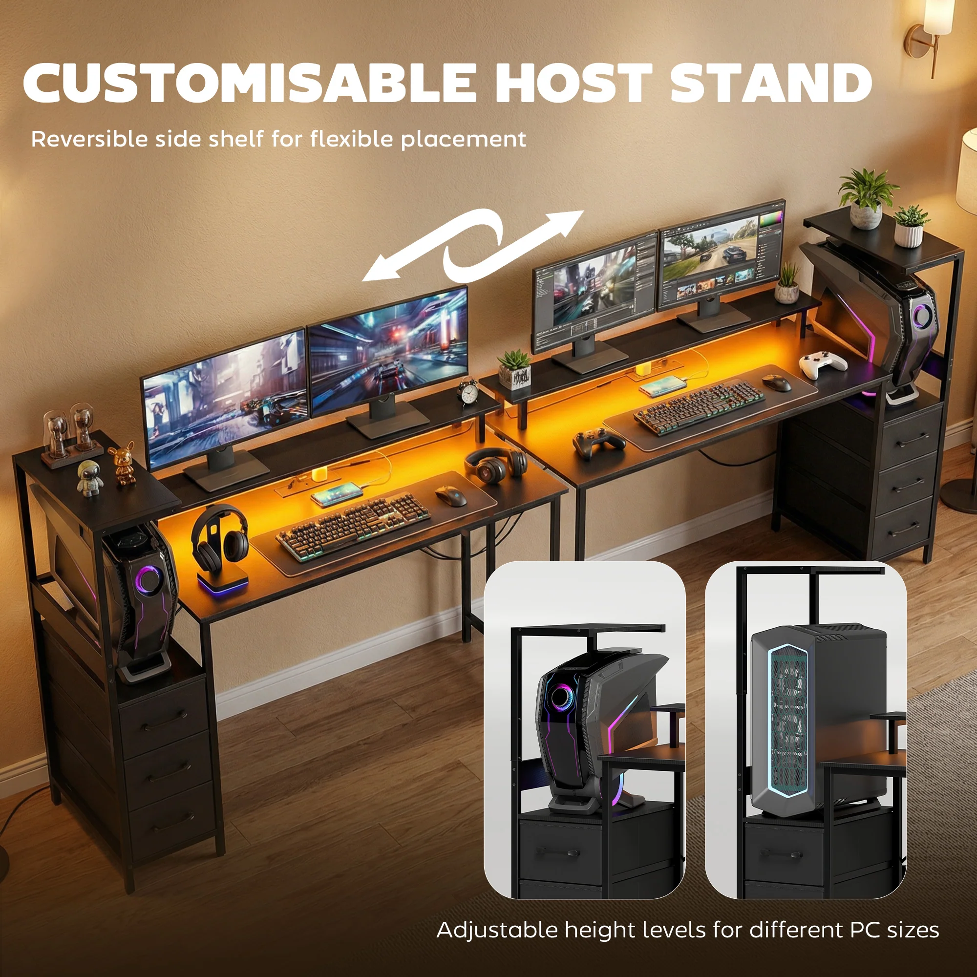 HOMCOM 147cm Gaming Desk With Charging Station And RGB Lights, Black - Image 4