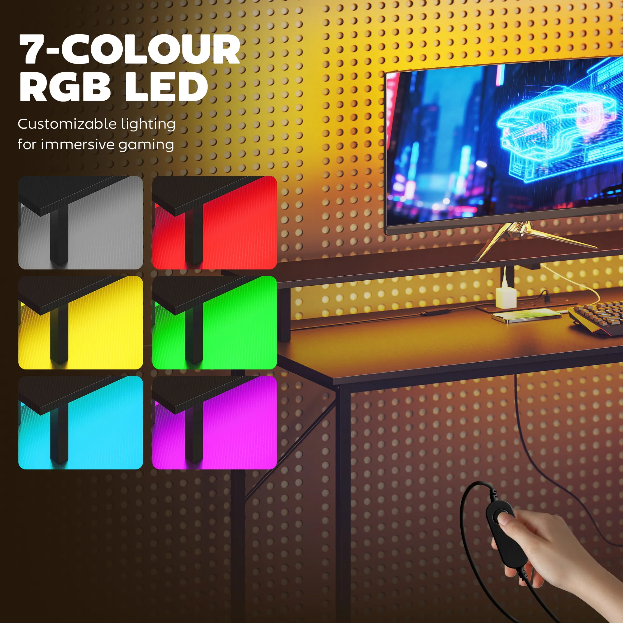 HOMCOM 147cm Gaming Desk With Charging Station And RGB Lights, Black - Image 5