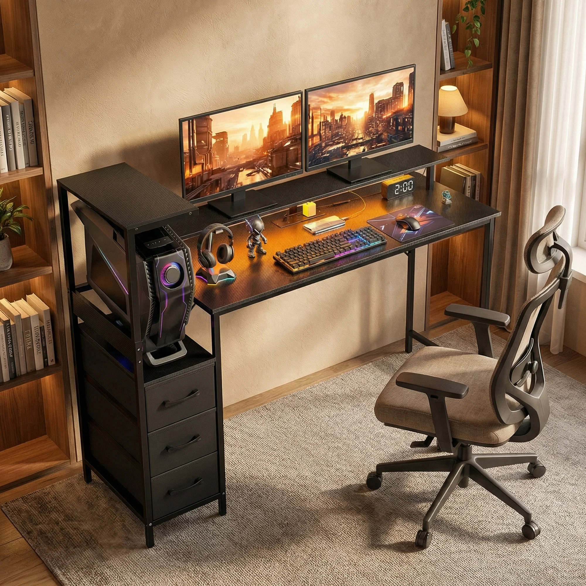 HOMCOM 147cm Gaming Desk With Charging Station And RGB Lights, Black - Image 9