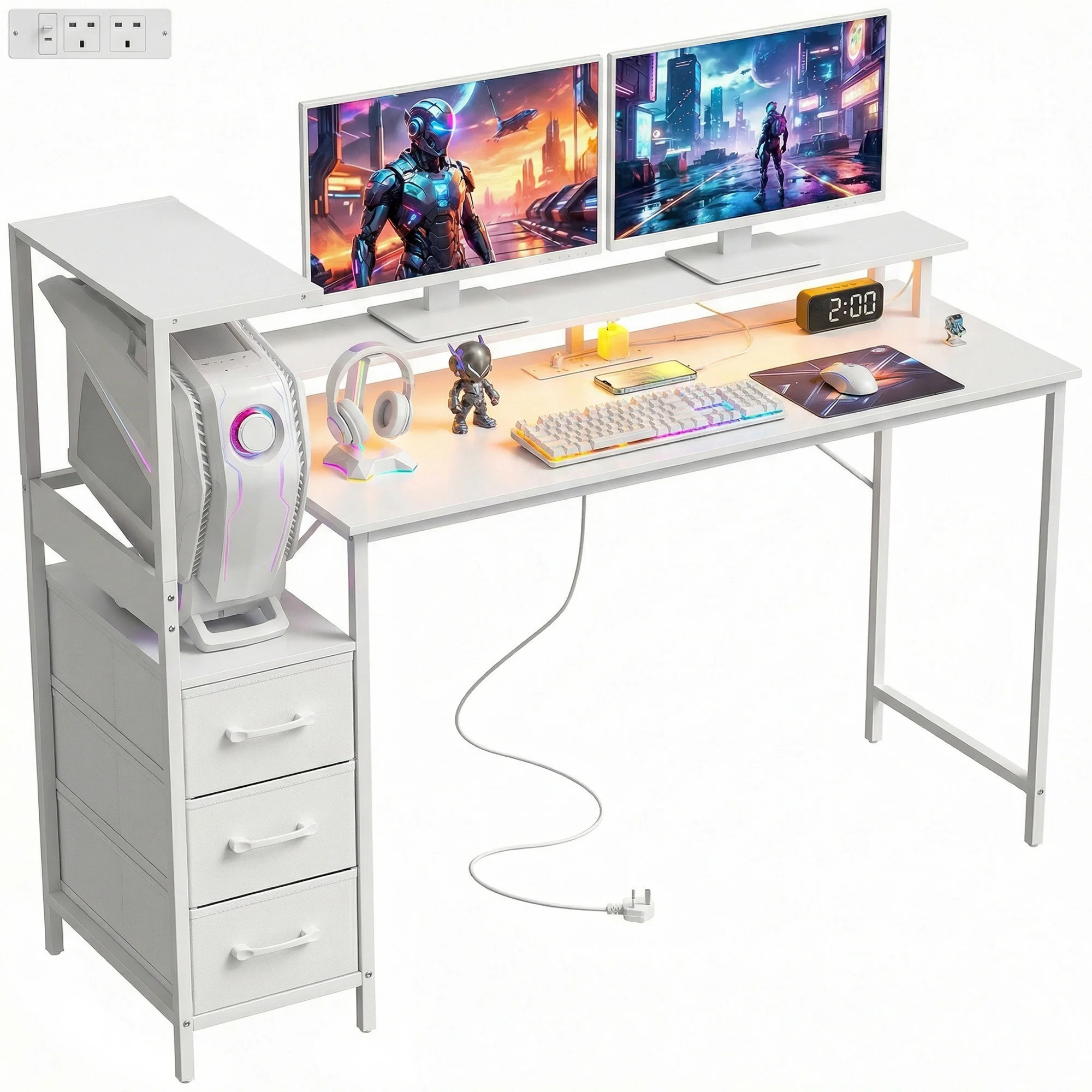 HOMCOM 147cm Gaming Desk With Charging Station And RGB Lights, White