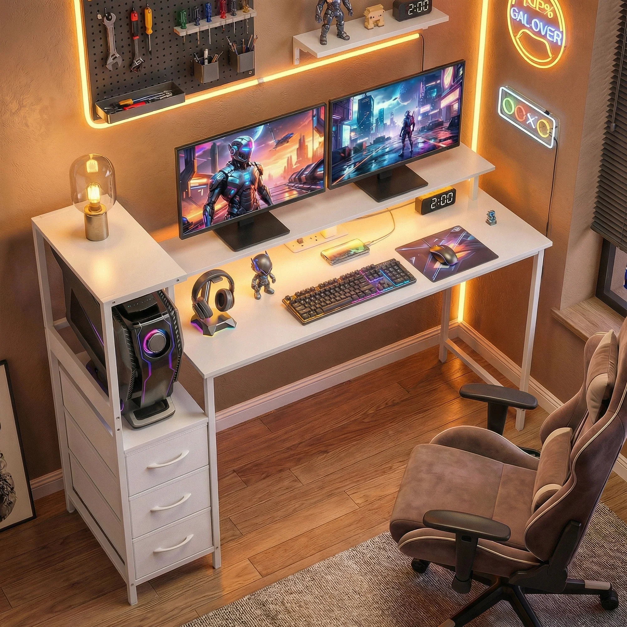 HOMCOM 147cm Gaming Desk With Charging Station And RGB Lights, White - Image 2