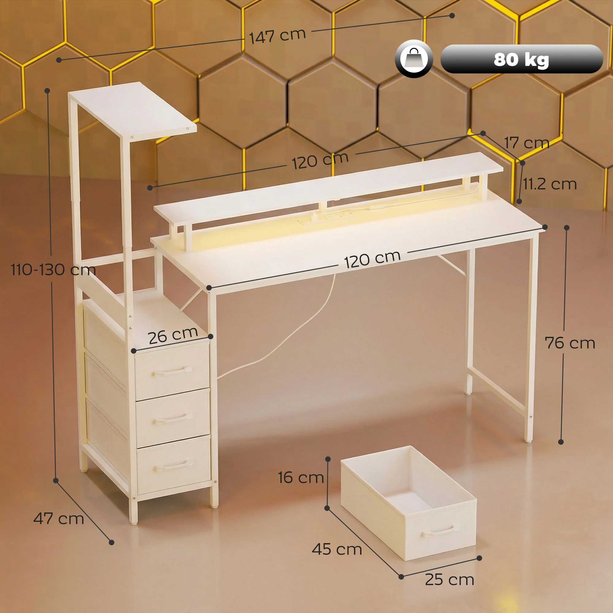 HOMCOM 147cm Gaming Desk With Charging Station And RGB Lights, White - Image 3