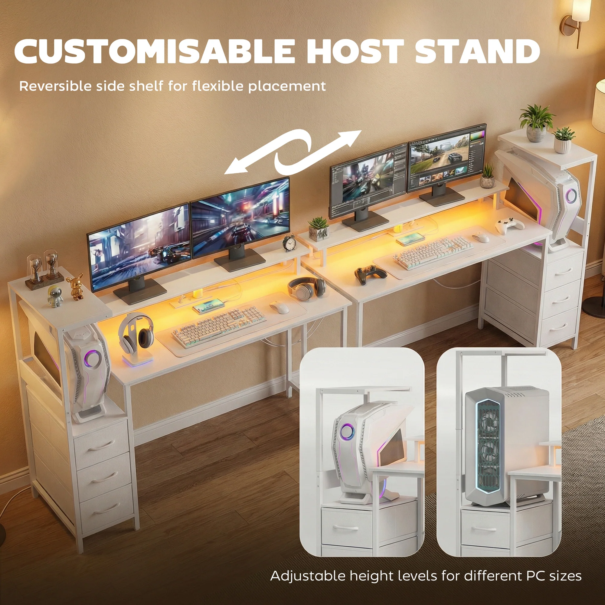 HOMCOM 147cm Gaming Desk With Charging Station And RGB Lights, White - Image 4