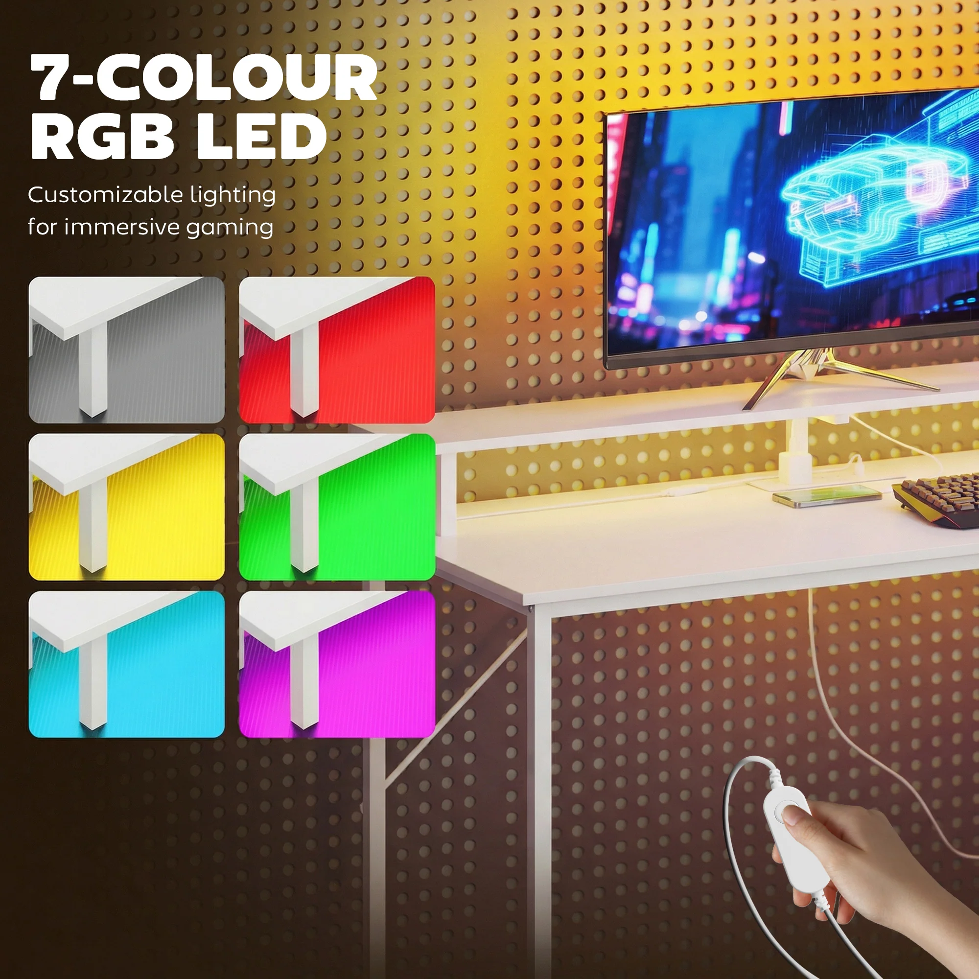 HOMCOM 147cm Gaming Desk With Charging Station And RGB Lights, White - Image 5