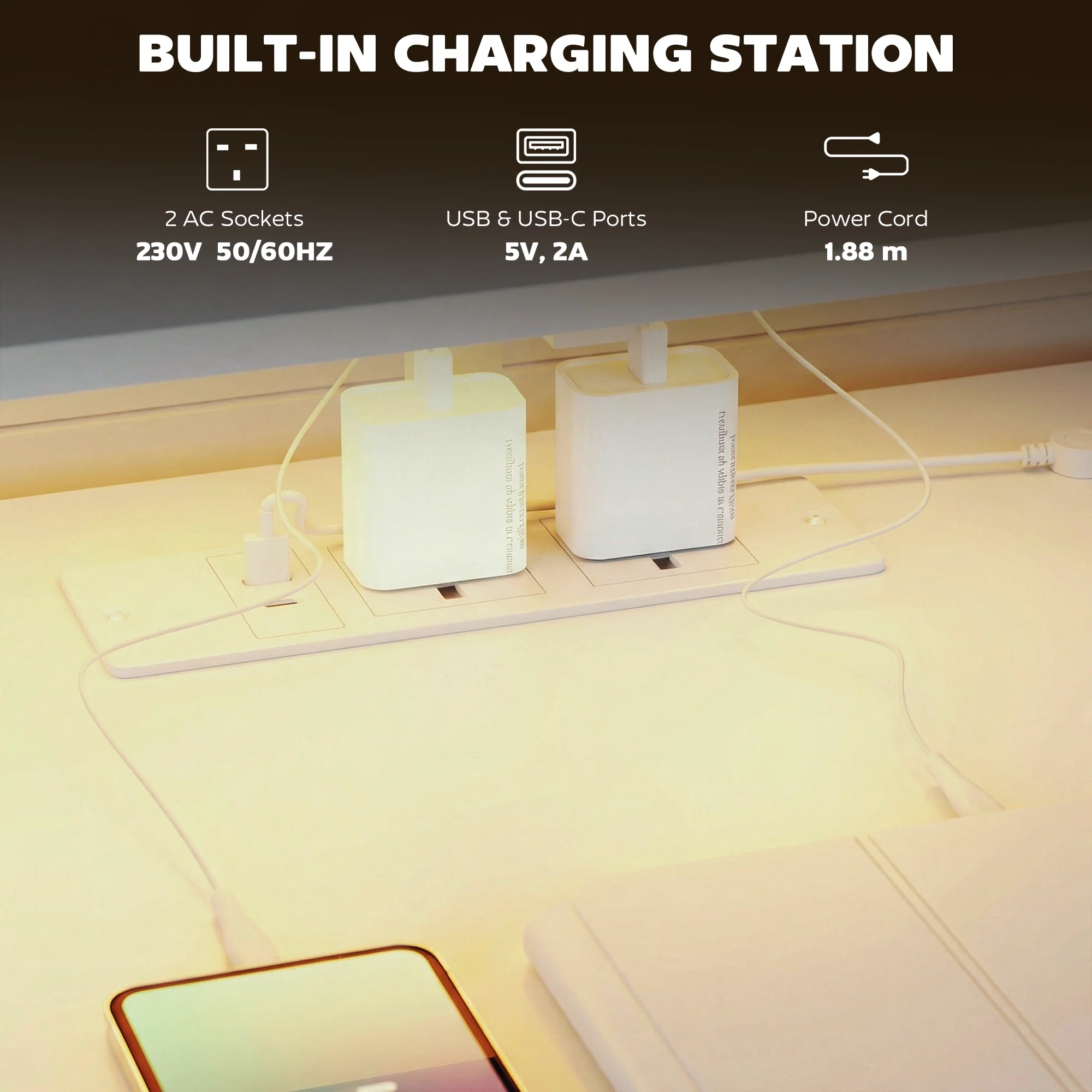 HOMCOM 147cm Gaming Desk With Charging Station And RGB Lights, White - Image 6