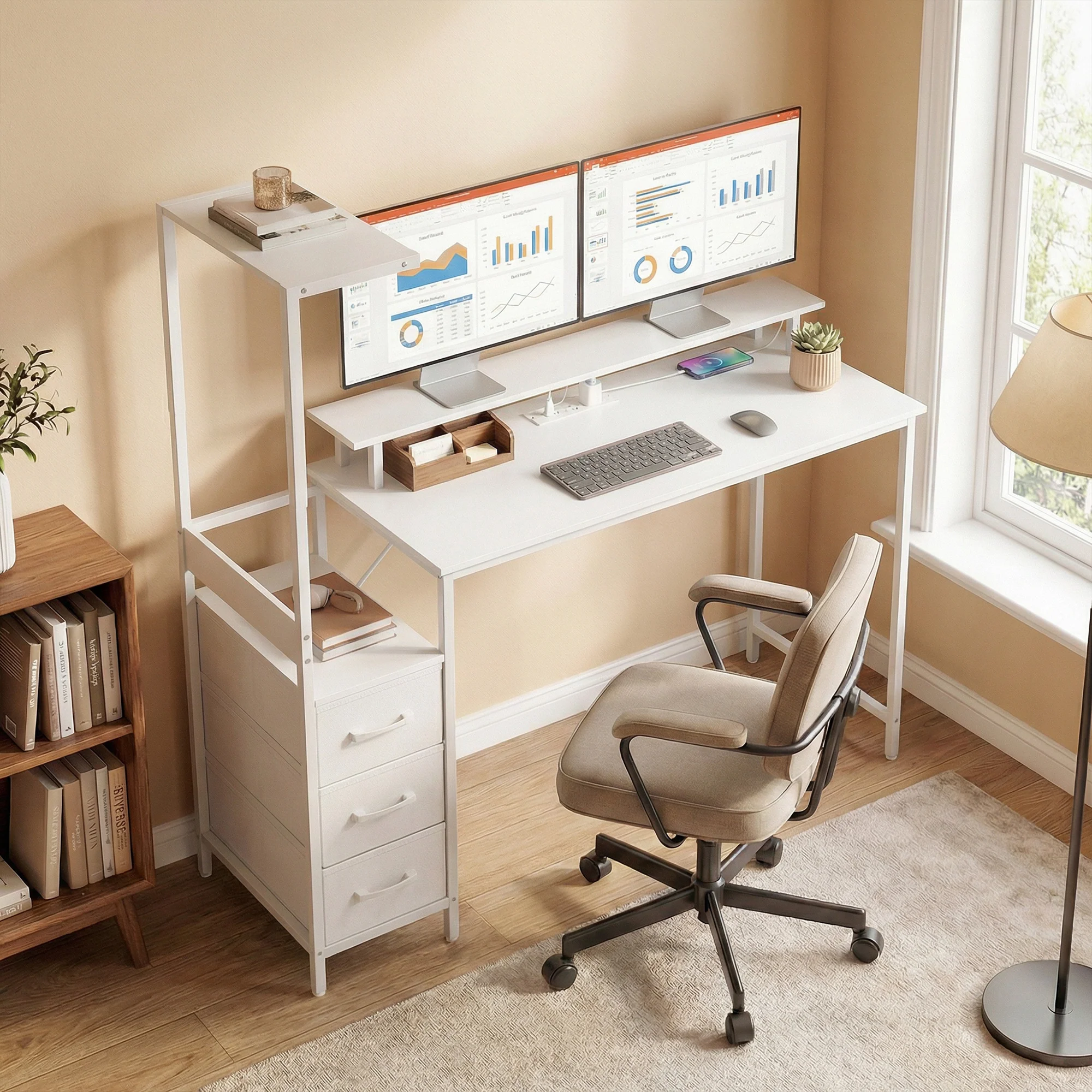 HOMCOM 147cm Gaming Desk With Charging Station And RGB Lights, White - Image 8