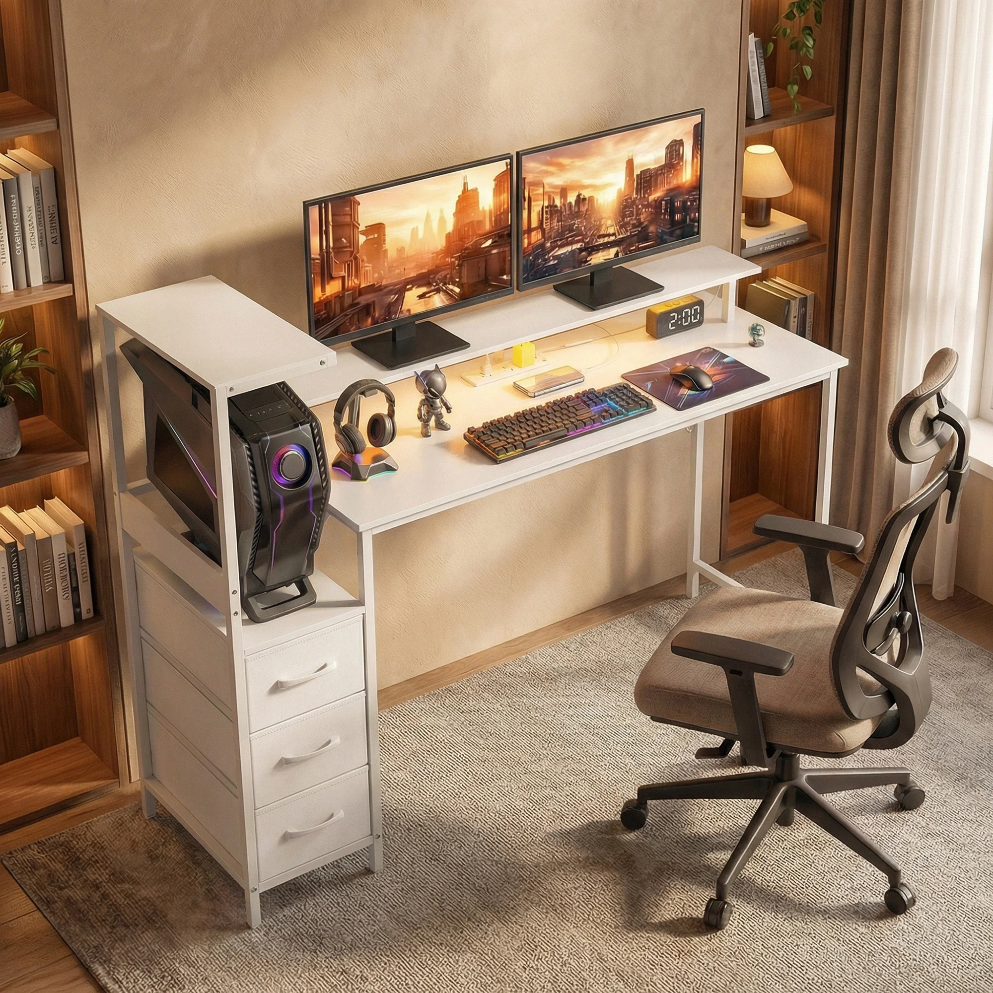 HOMCOM 147cm Gaming Desk With Charging Station And RGB Lights, White - Image 9