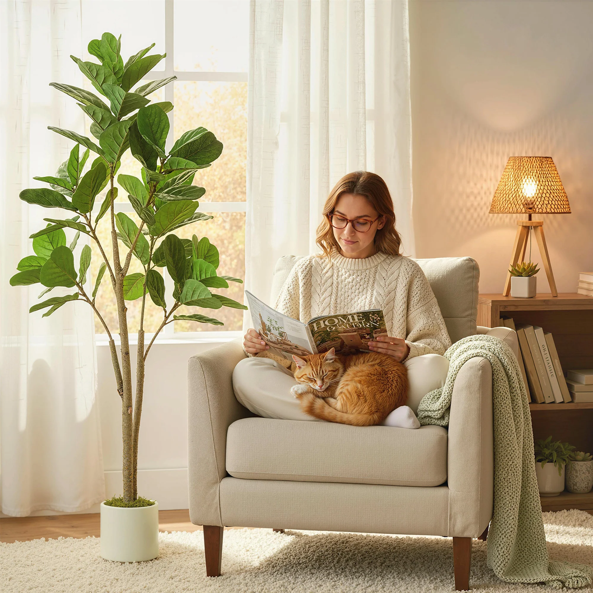 HOMCOM 150cm Artificial Fiddle Leaf Fig Tree, Realistic Fake Plant, Green - Image 2