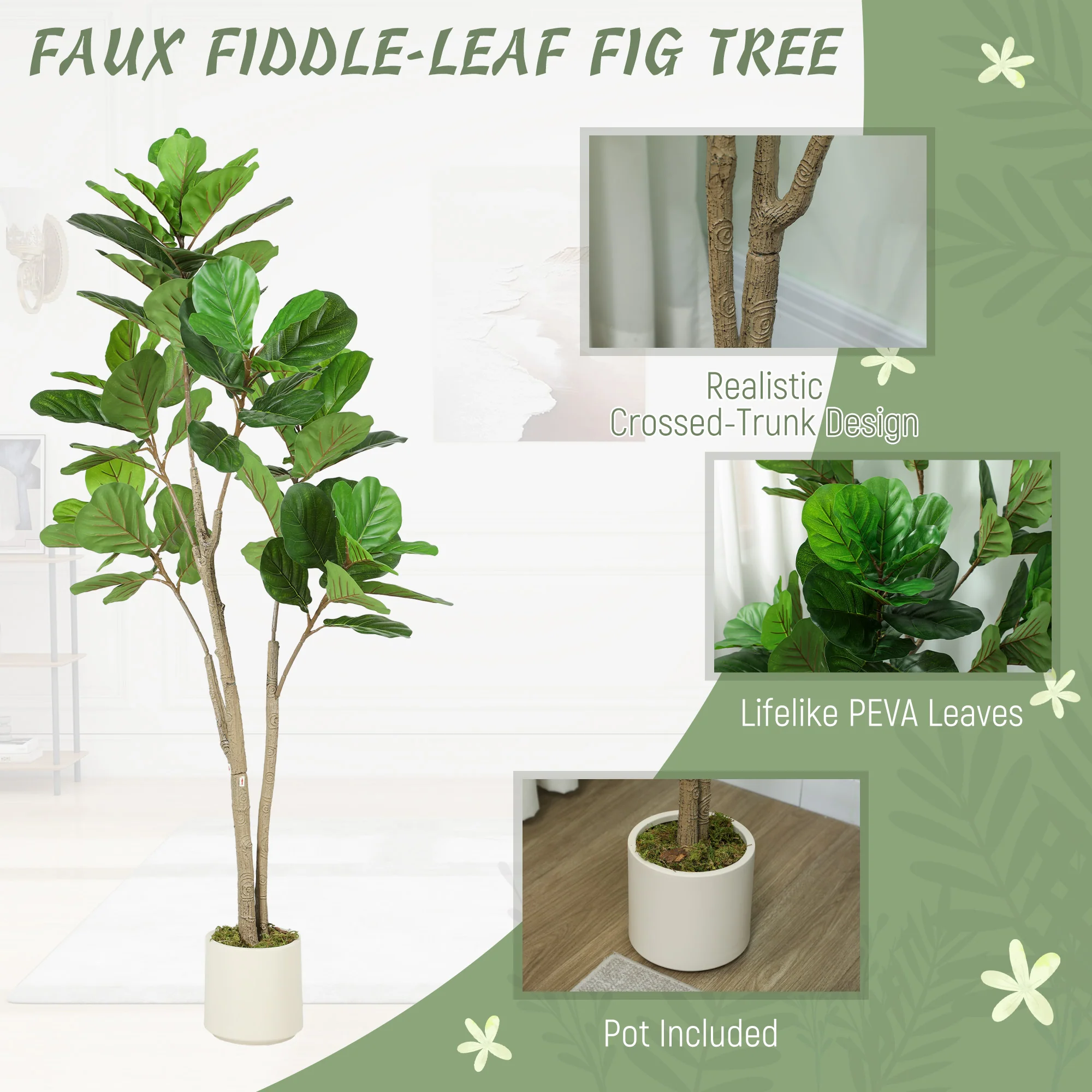 HOMCOM 150cm Artificial Fiddle Leaf Fig Tree, Realistic Fake Plant, Green - Image 3