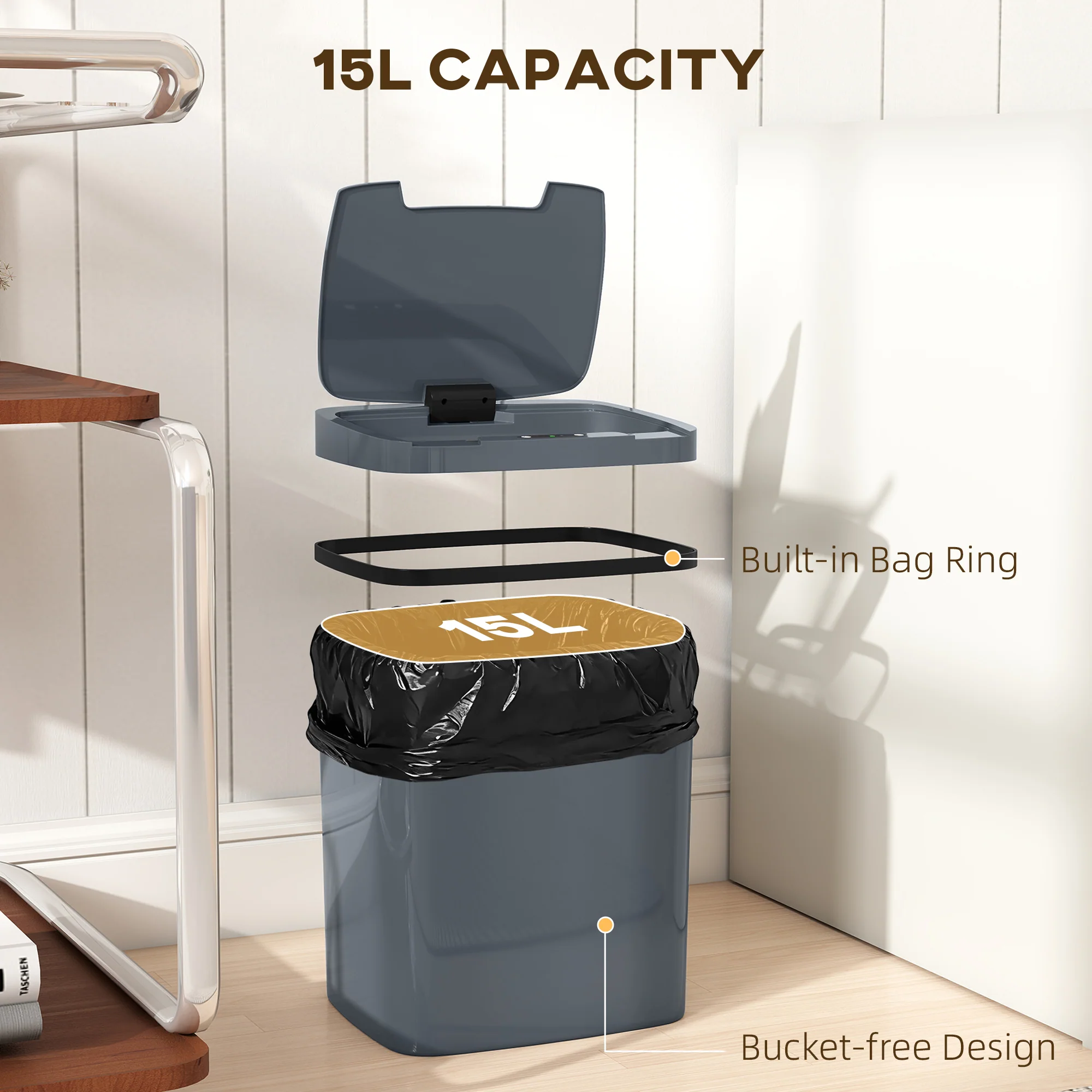 HOMCOM 15L Sensor Bin, Automatic Touchless Kitchen Bin, Battery Operated - Image 6