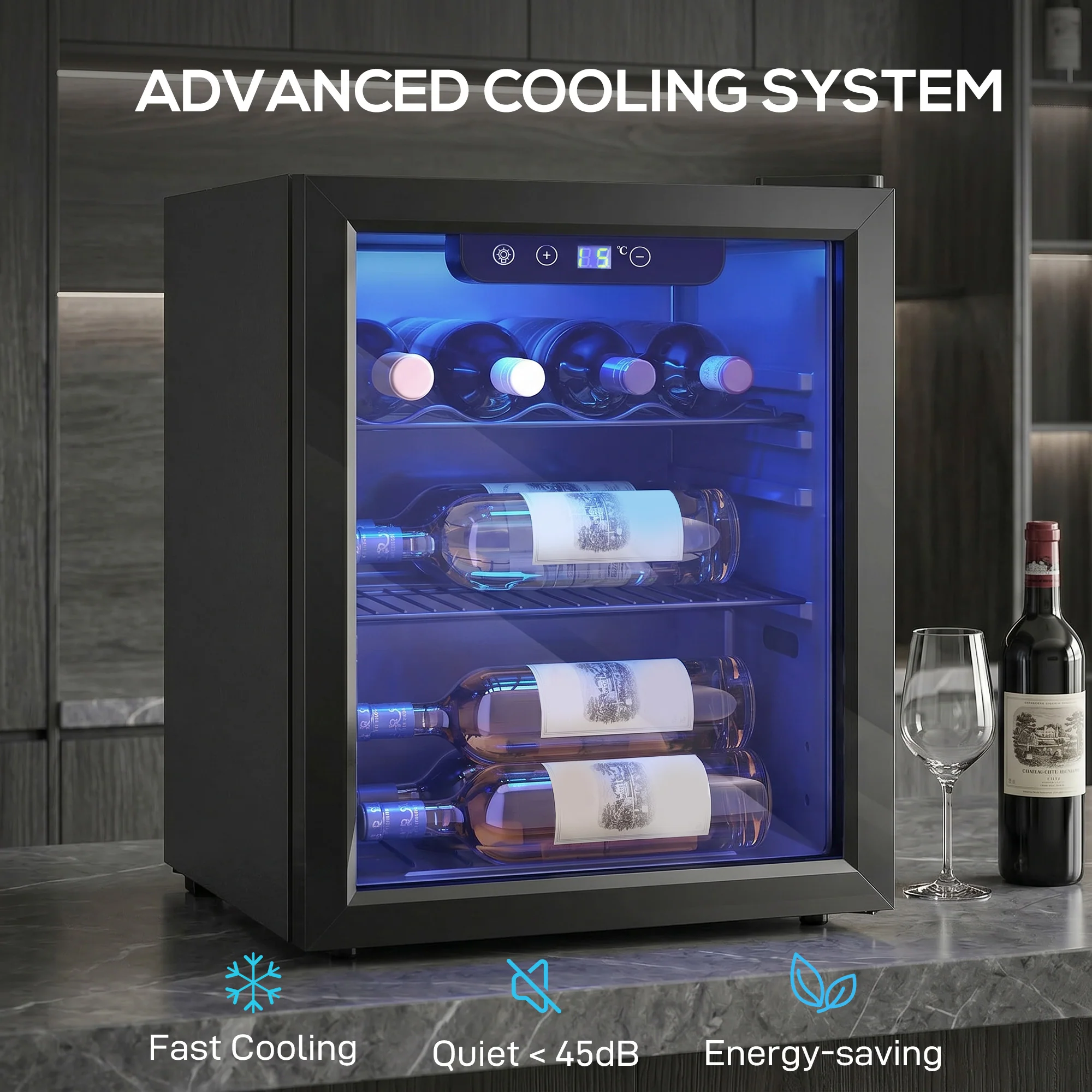 HOMCOM 16 Bottle Wine Cooler, 4-16°C Under Counter Drinks Beer Wine Fridge - Image 3
