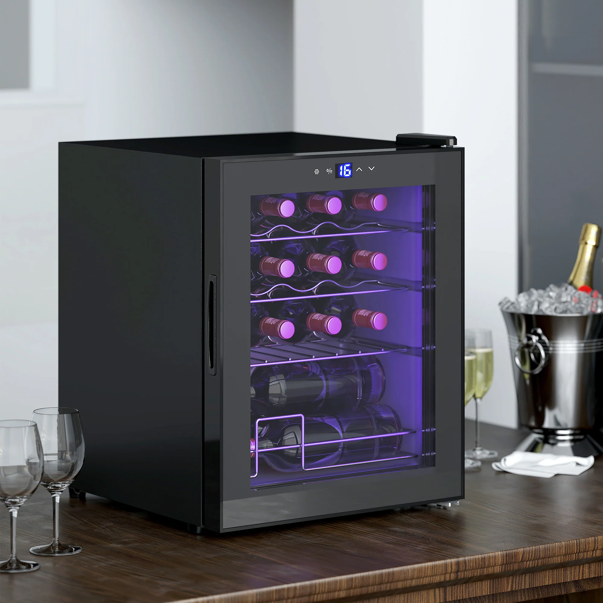 HOMCOM 16 Bottle Wine Cooler With Adjustable Temperature Control, Black - Image 2