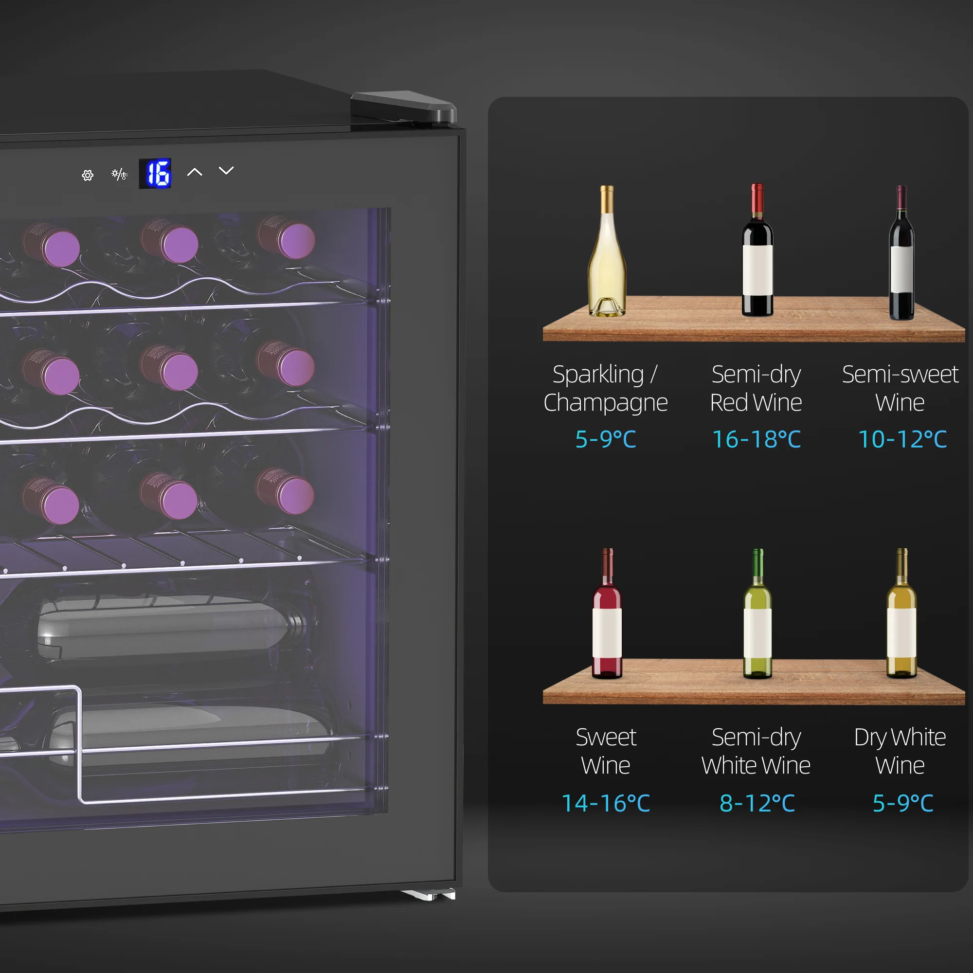 HOMCOM 16 Bottle Wine Cooler With Adjustable Temperature Control, Black - Image 9