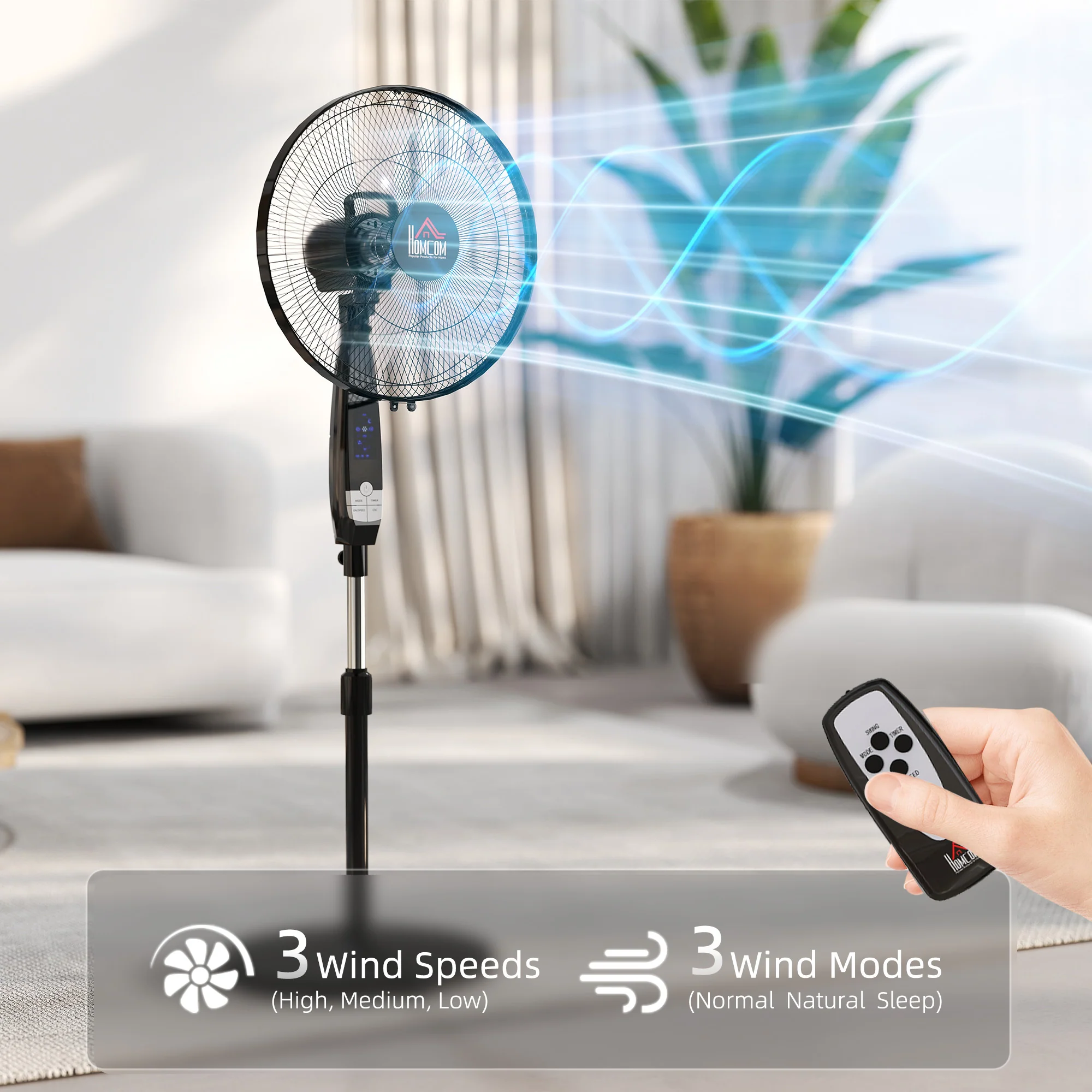 HOMCOM 16" Oscillation Cooling Fan With Remote Adjustable Height Black - Image 5