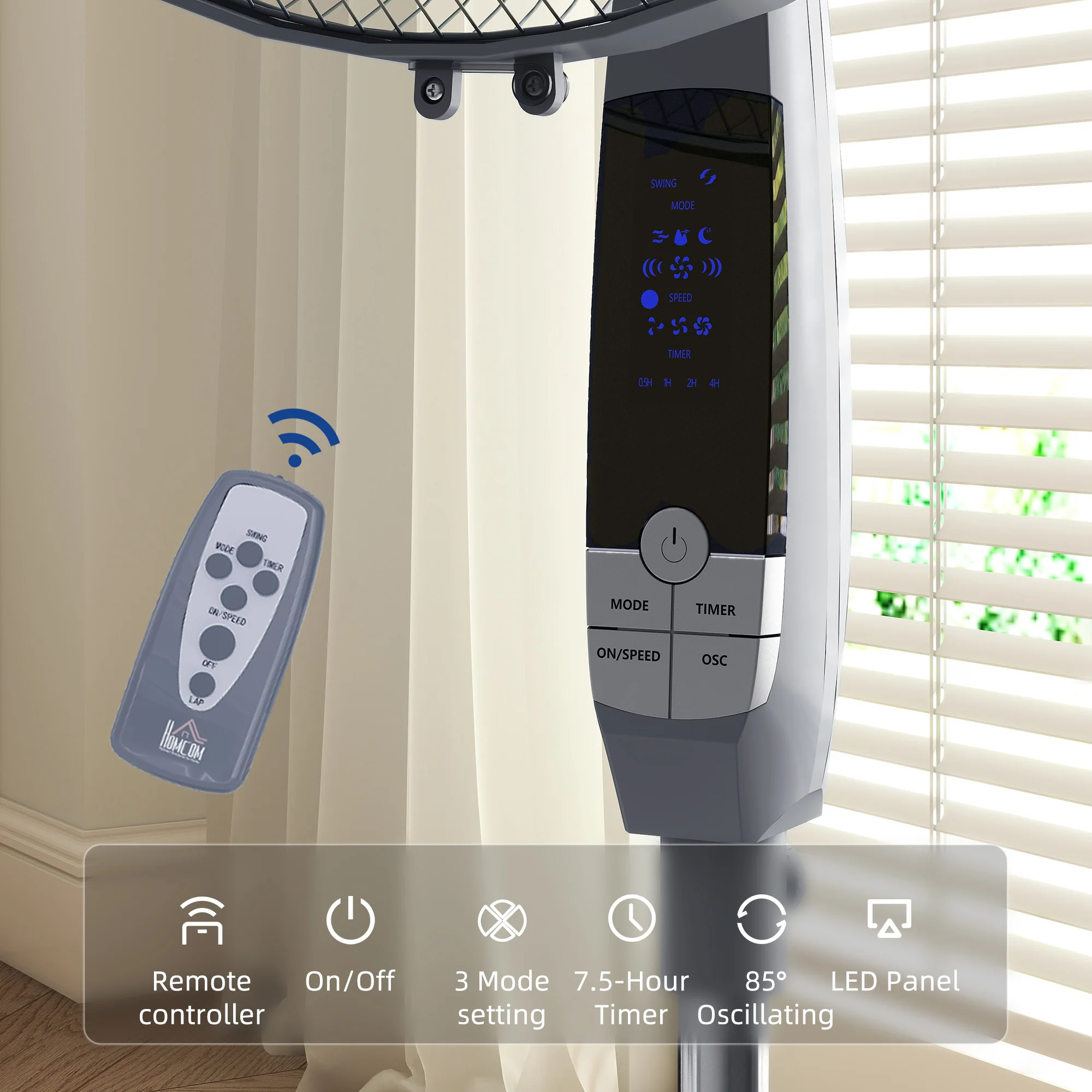 HOMCOM 16" Oscillation Cooling Fan With Remote Adjustable Height Grey - Image 4