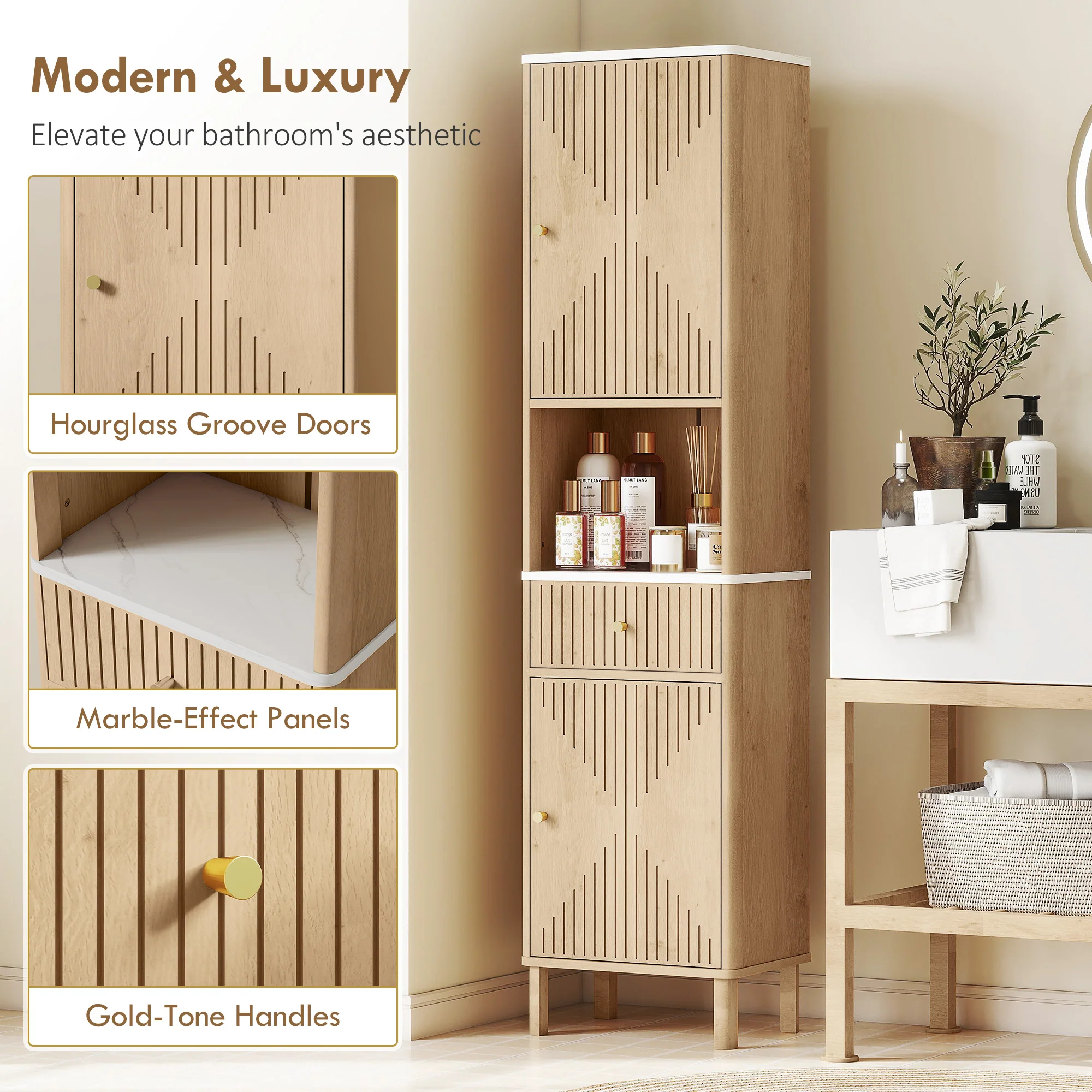 HOMCOM 168 cm Tall Bathroom Cabinet with Drawer and Adjustable Shelves, Oak - Image 3