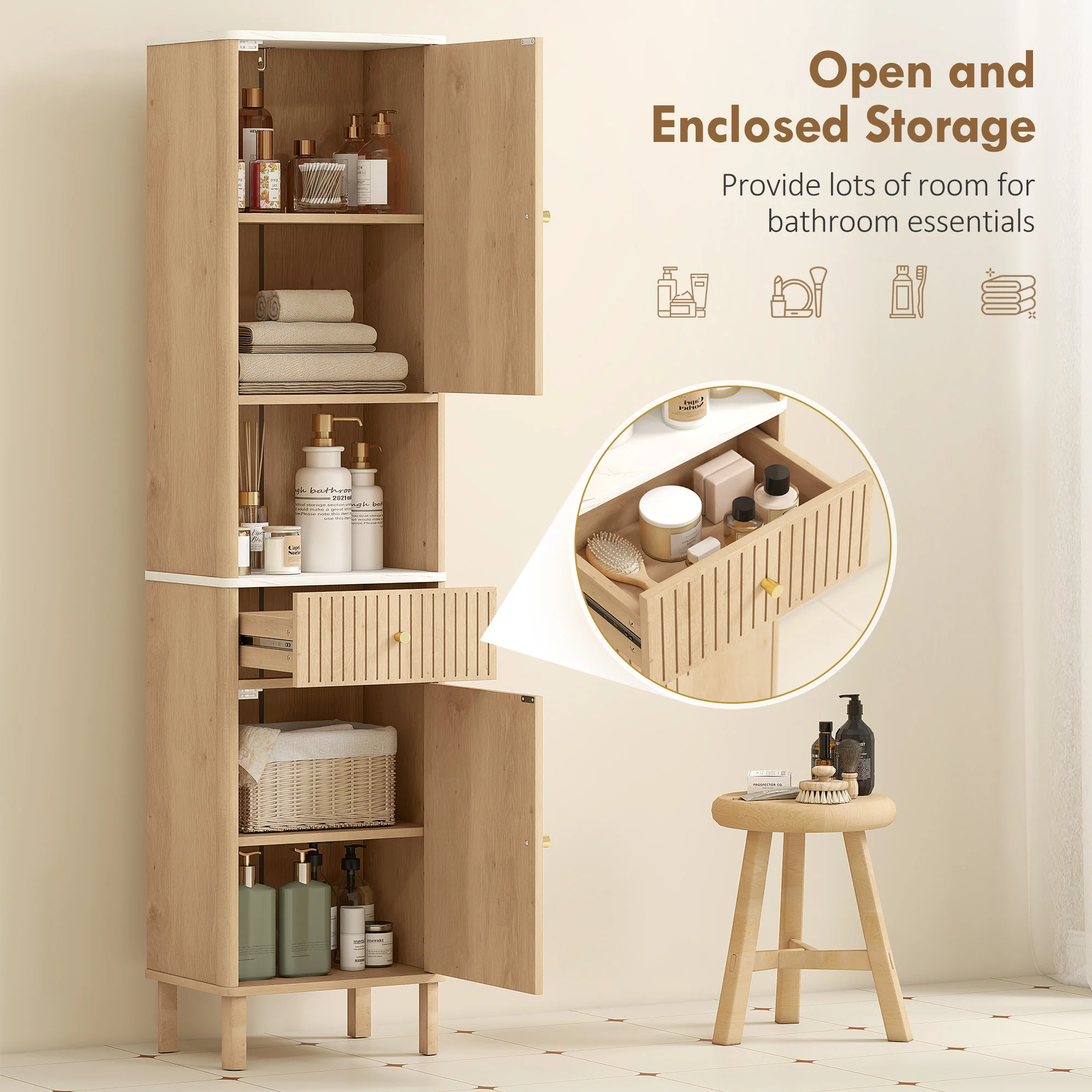 HOMCOM 168 cm Tall Bathroom Cabinet with Drawer and Adjustable Shelves, Oak - Image 4
