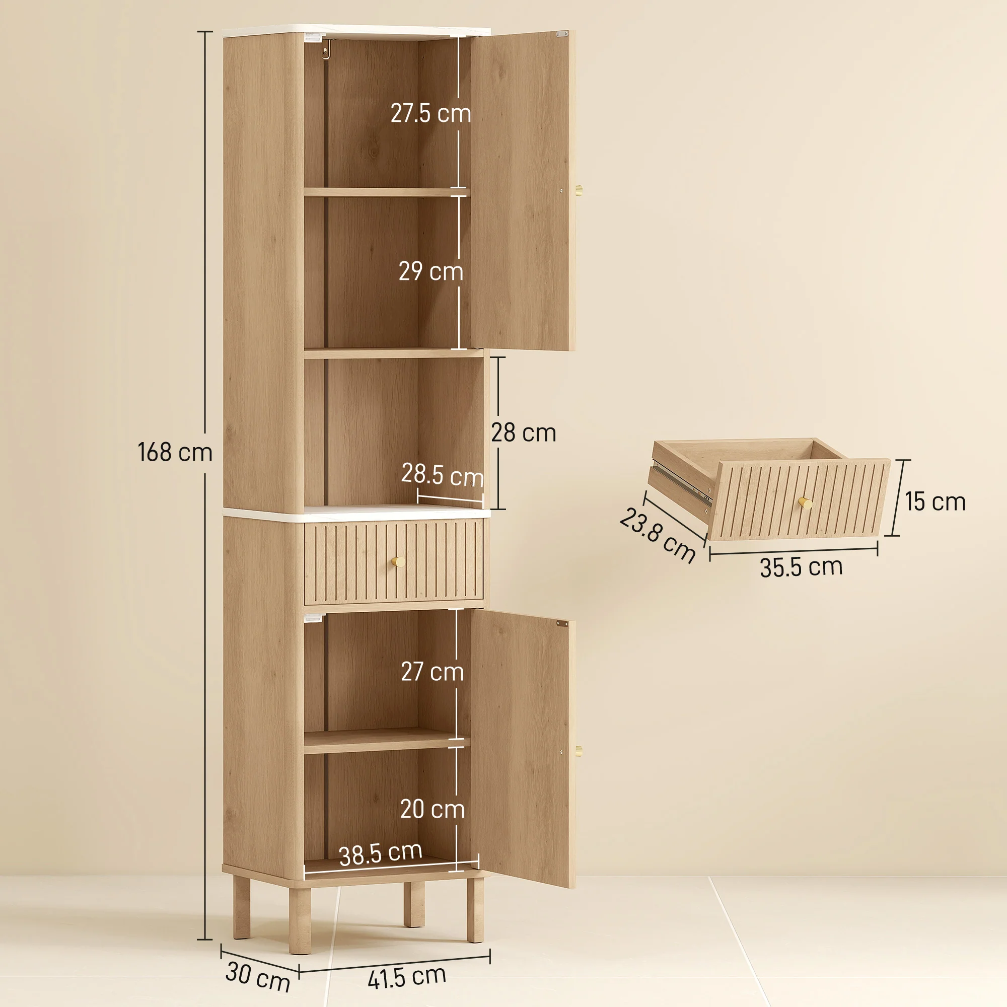 HOMCOM 168 cm Tall Bathroom Cabinet with Drawer and Adjustable Shelves, Oak - Image 5