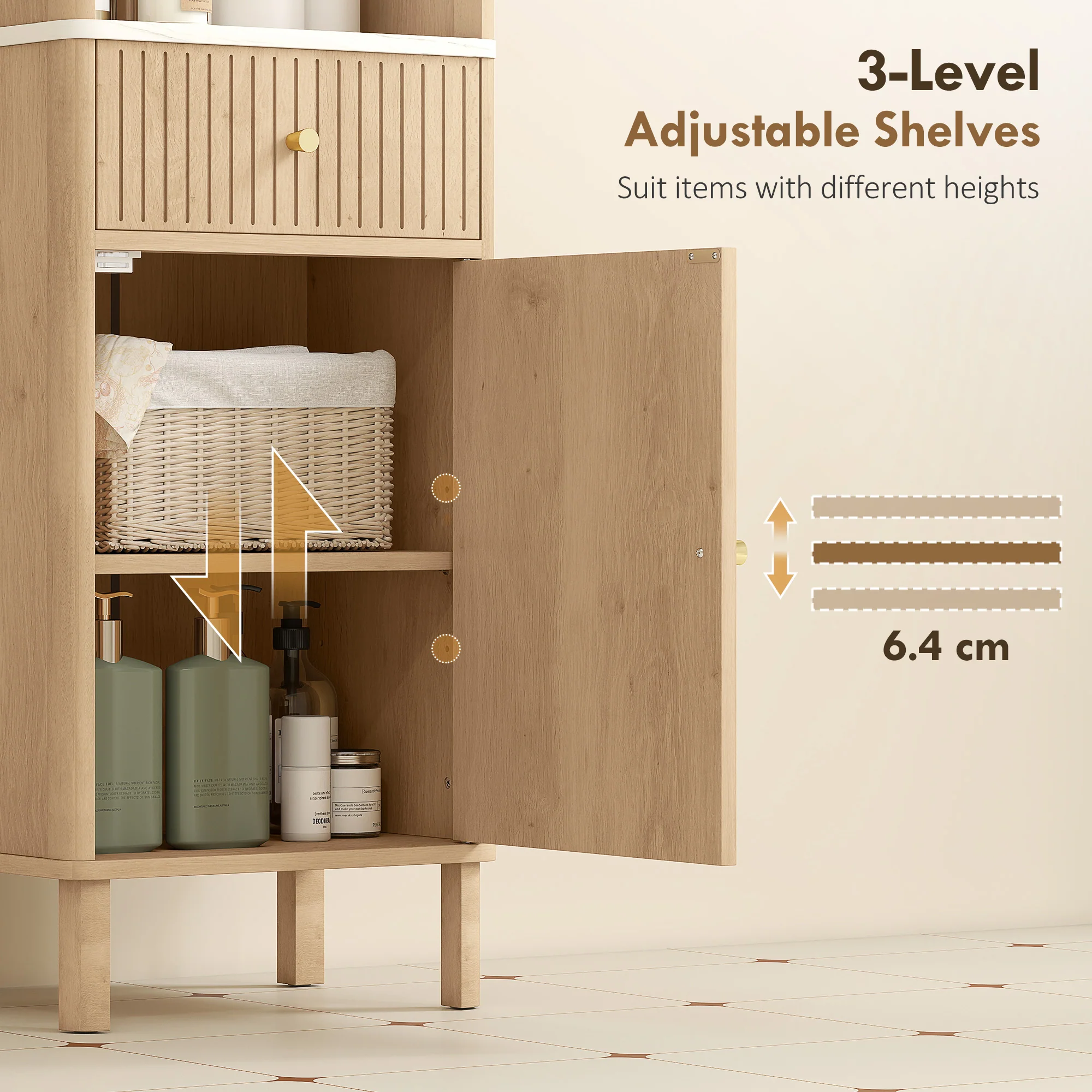 HOMCOM 168 cm Tall Bathroom Cabinet with Drawer and Adjustable Shelves, Oak - Image 6