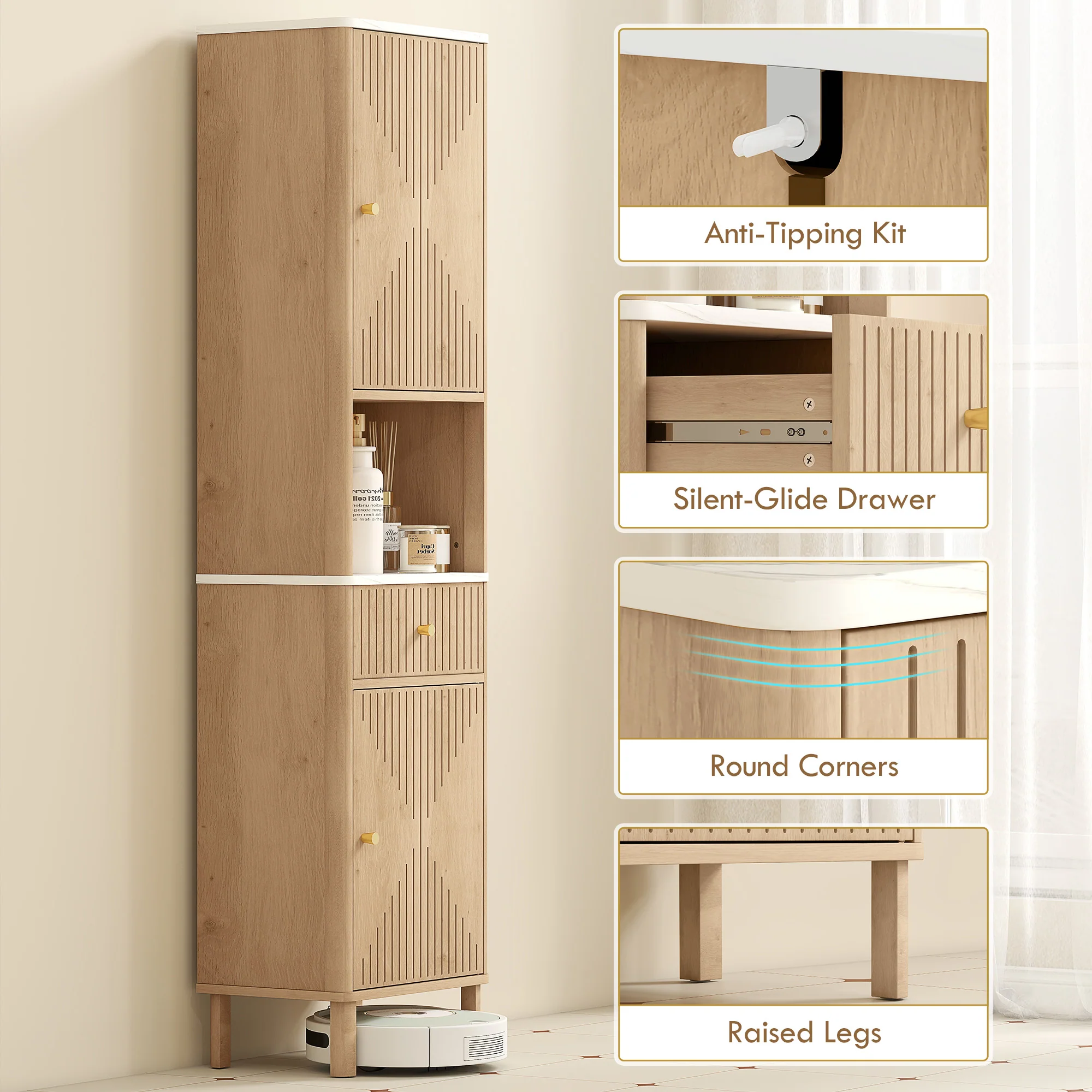HOMCOM 168 cm Tall Bathroom Cabinet with Drawer and Adjustable Shelves, Oak - Image 7