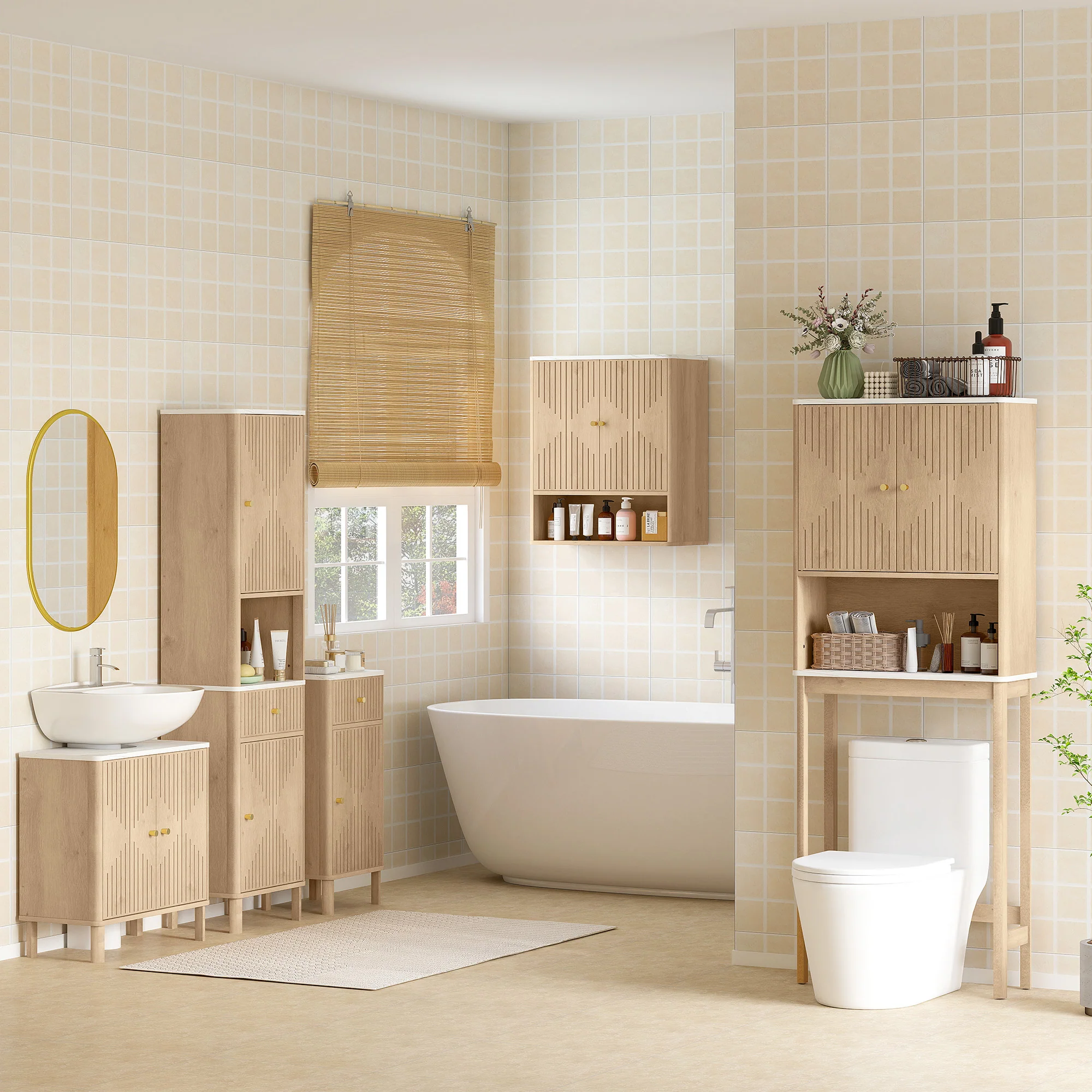HOMCOM 168 cm Tall Bathroom Cabinet with Drawer and Adjustable Shelves, Oak - Image 8
